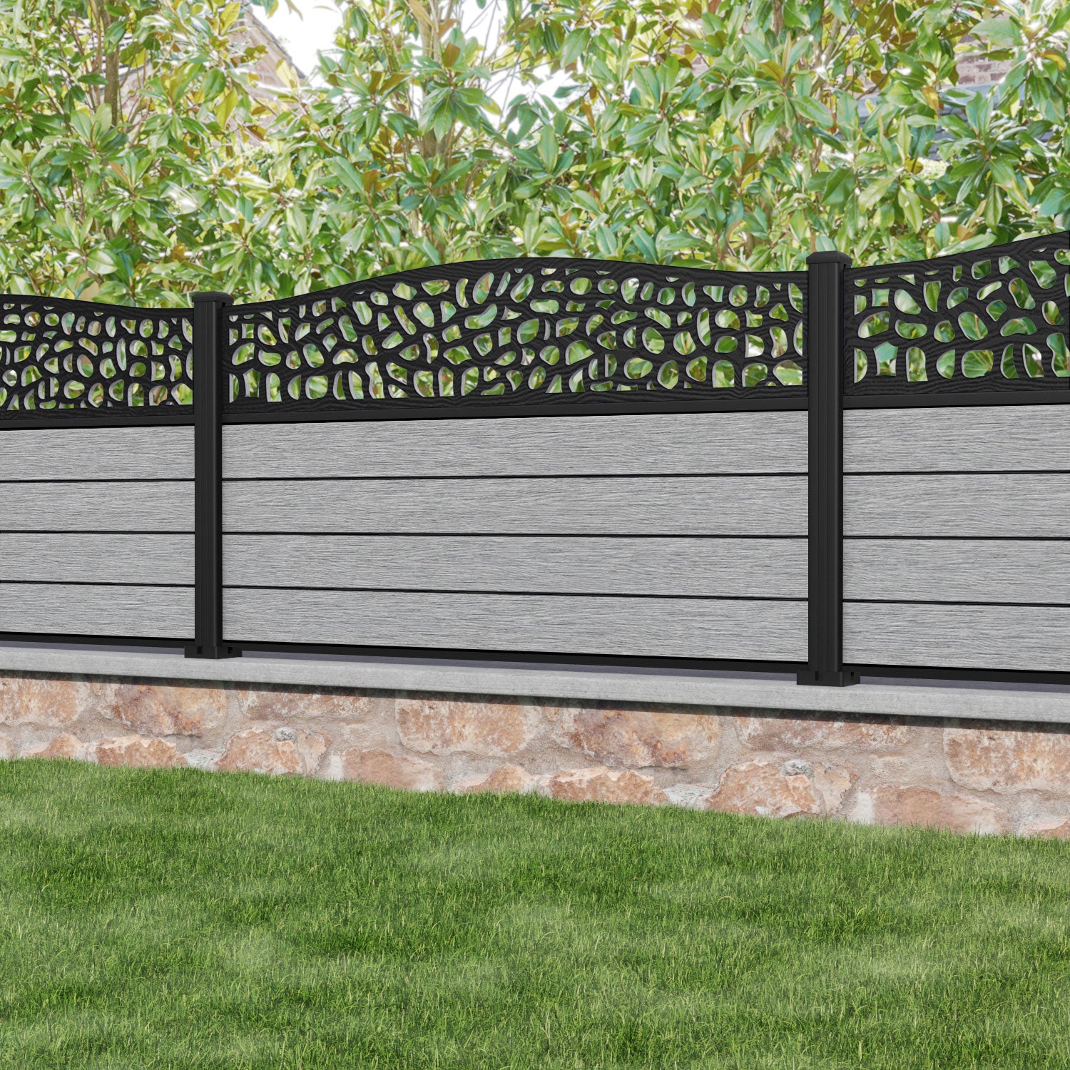 Fusion Pebble Curved Top Fence Panel - Light Grey - with our aluminium posts