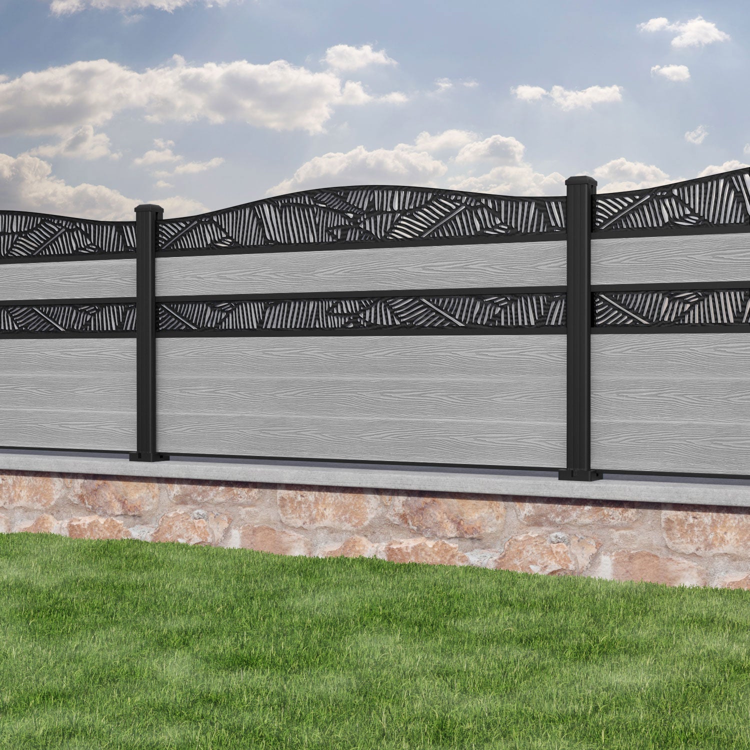 Classic Feather Curved Top Split Screen Fence Panel - Light Grey - with our aluminium posts