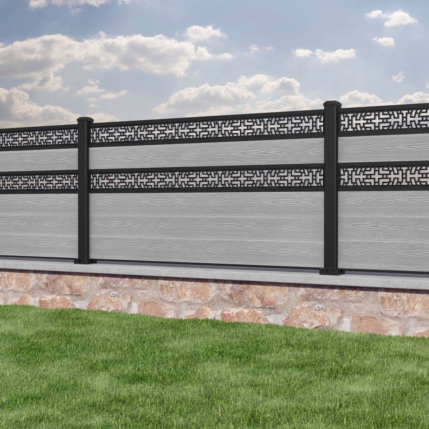 Classic Kumo Split Screen Fence Panel - Light Grey - with our aluminium posts