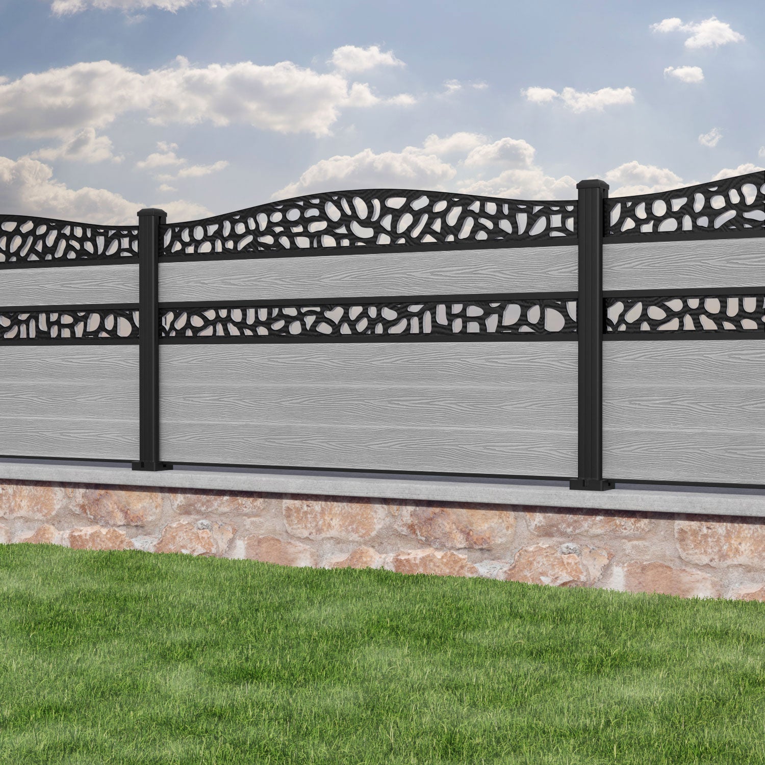Classic Pebble Curved Top Split Screen Fence Panel - Light Grey - with our aluminium posts