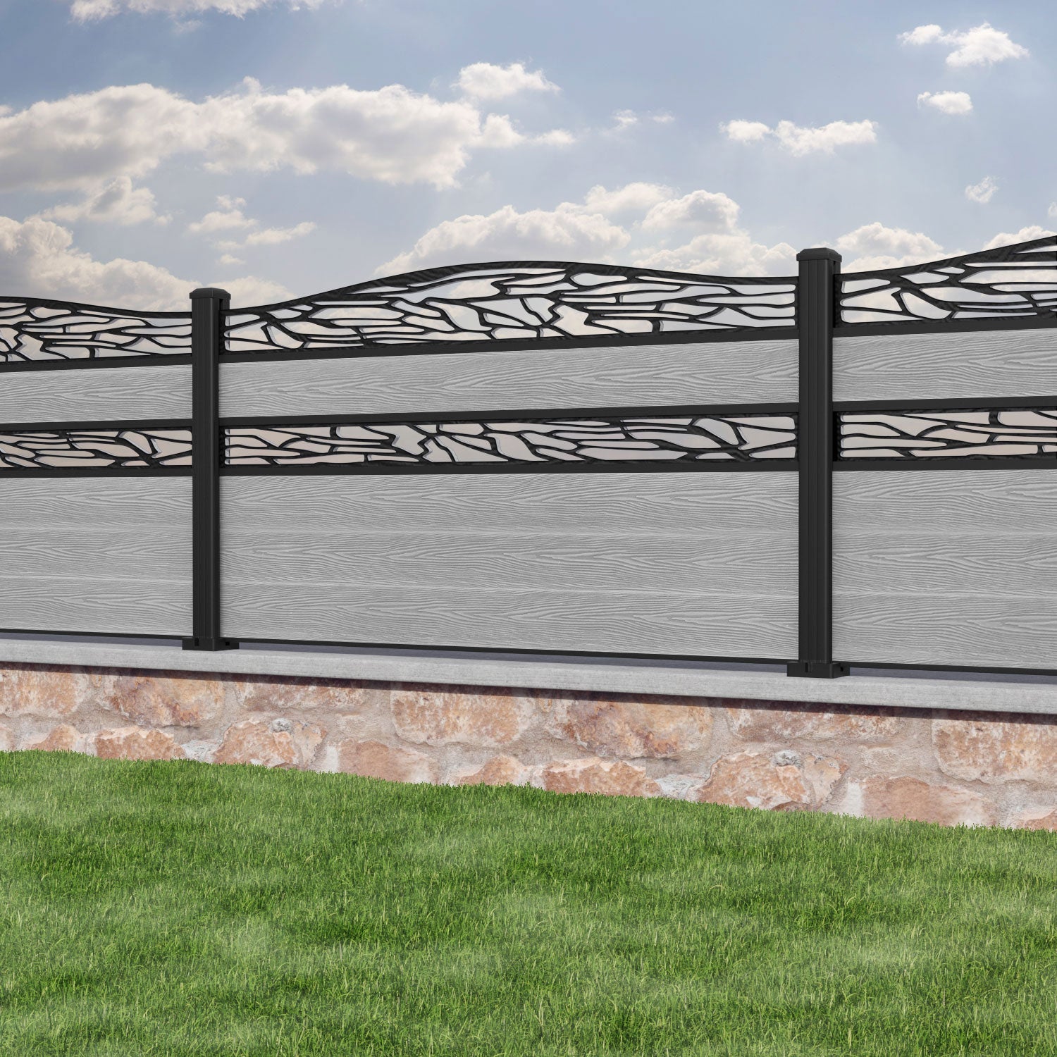 Classic Shatter Curved Top Split Screen Fence Panel - Light Grey - with our aluminium posts