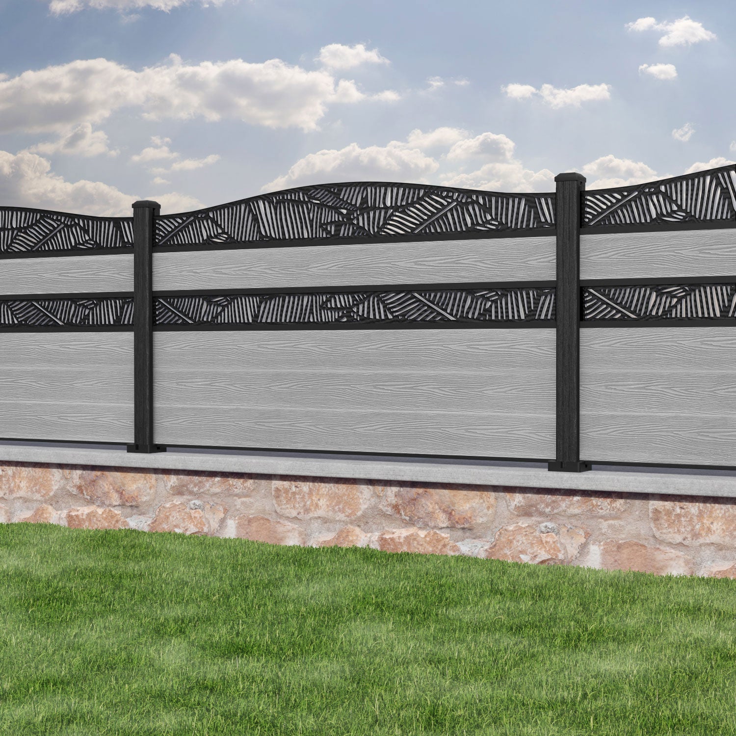 Classic Feather Curved Top Split Screen Fence Panel - Light Grey - with our composite posts
