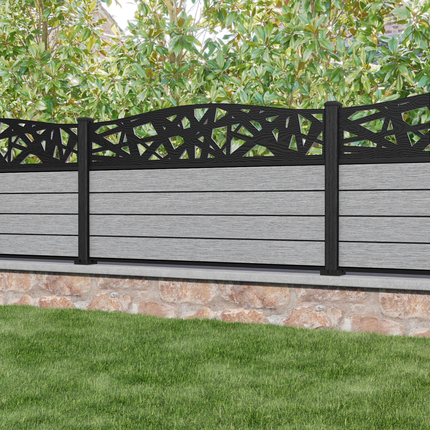 Fusion Prism Curved Top Fence Panel - Light Grey - with our composite posts