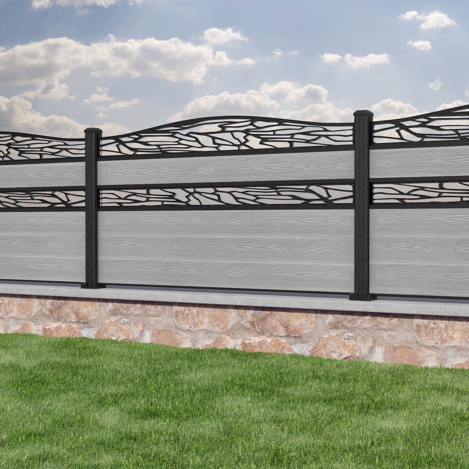 Classic Shatter Curved Top Split Screen Fence Panel - Light Grey - with our composite posts