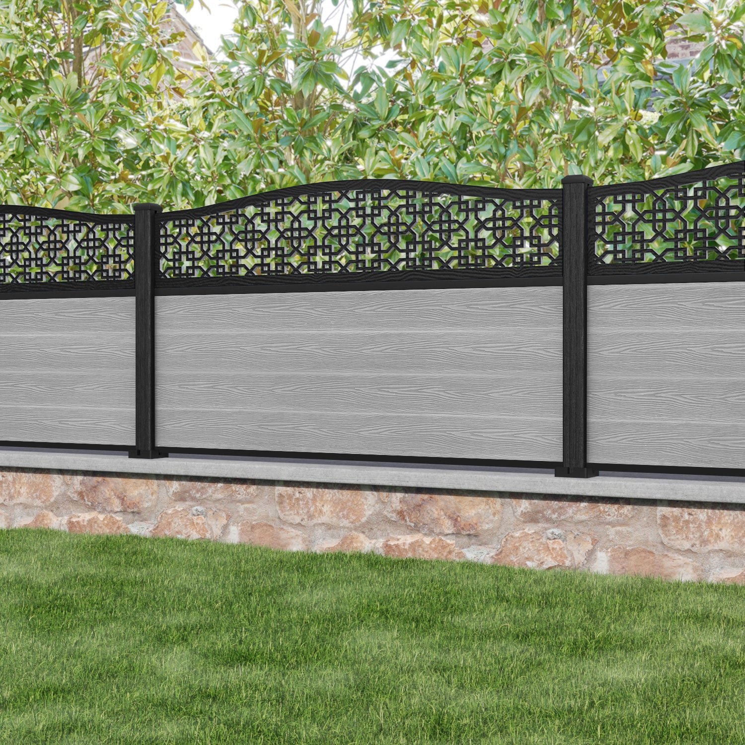 Classic Zaria Curved Top Fence Panel - Light Grey - with our composite posts