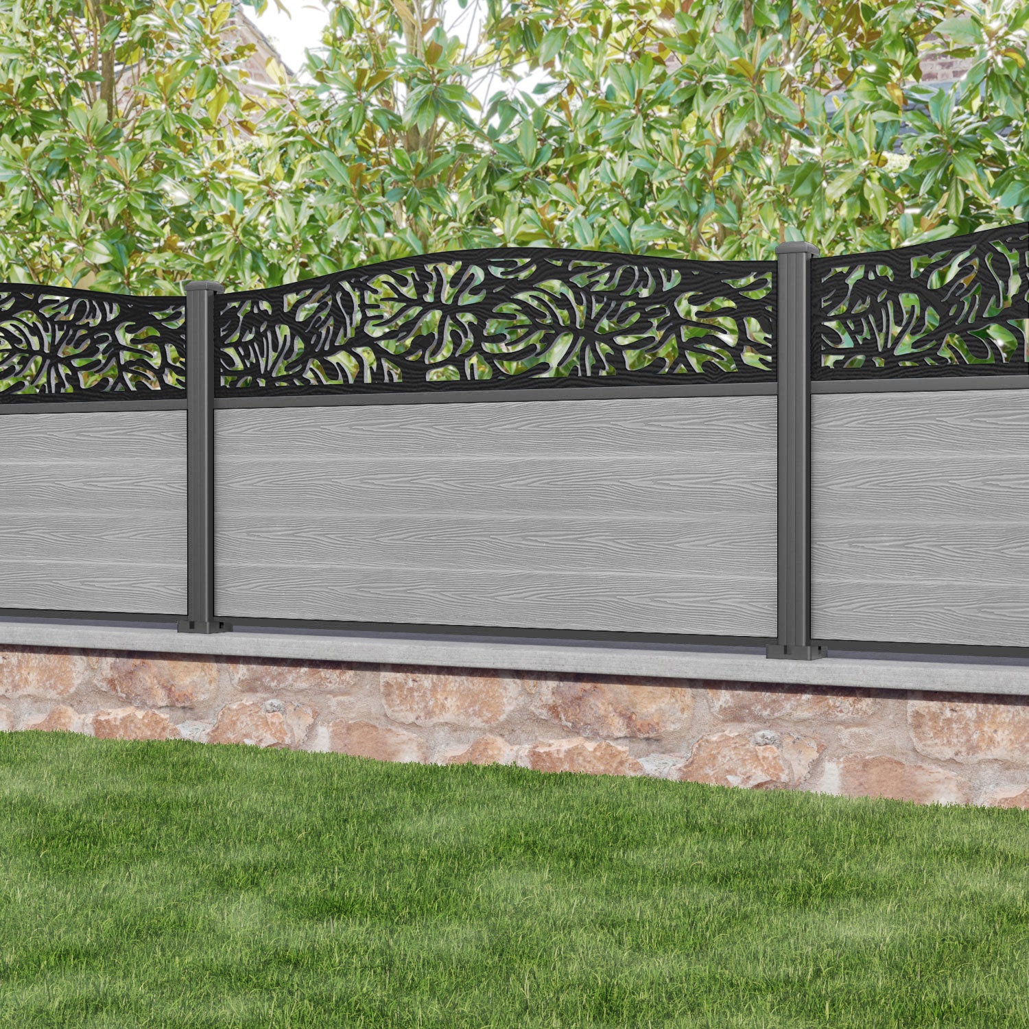 Classic Botanic Curved Top Fence Panel - Light Grey - with our aluminium posts