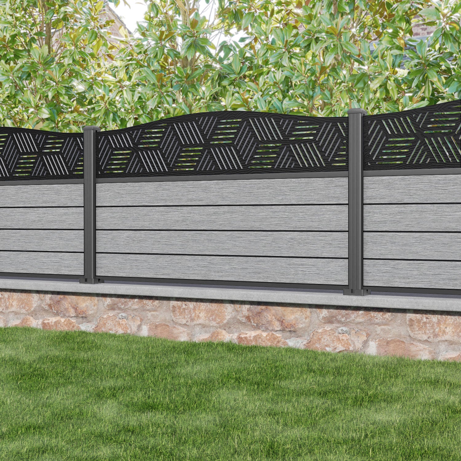 Fusion Cubed Curved Top Fence Panel - Light Grey - with our aluminium posts