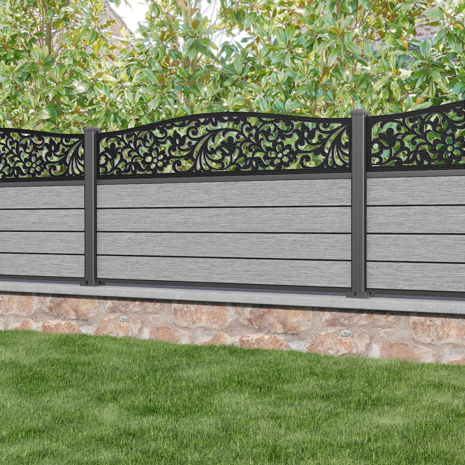 Fusion Eden Curved Top Fence Panel - Light Grey - with our aluminium posts