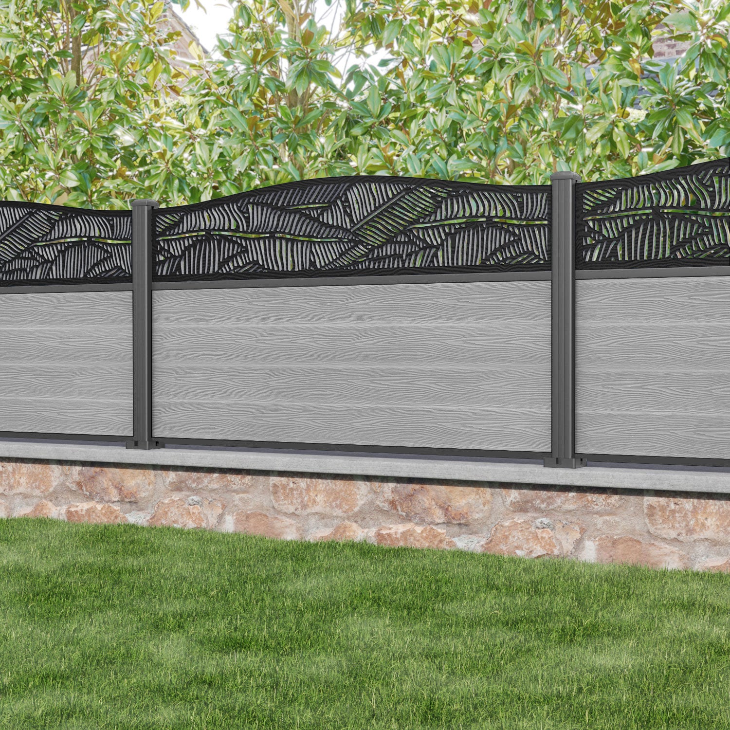 Classic Feather Curved Top Fence Panel - Light Grey - with our aluminium posts