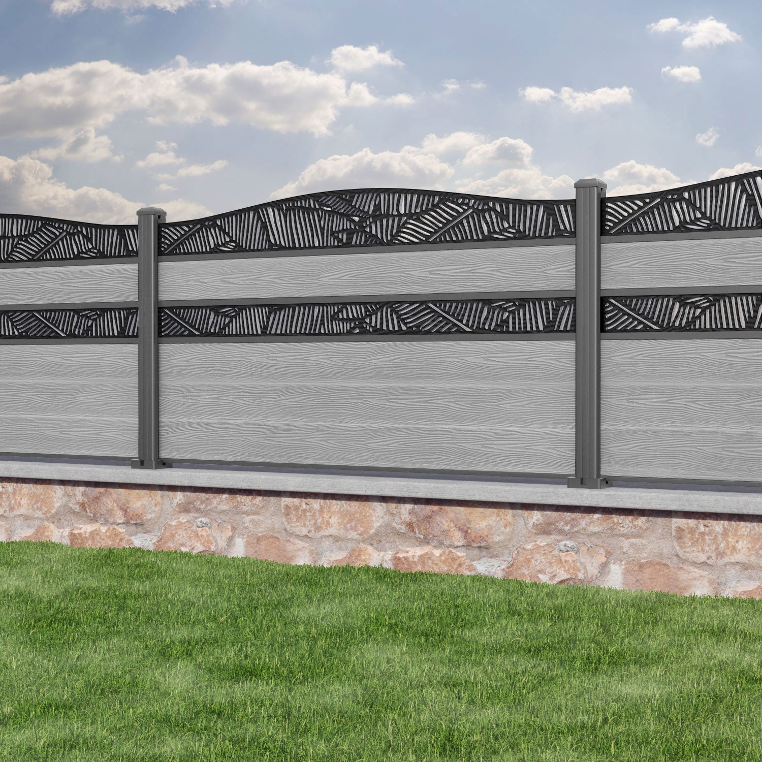 Classic Feather Curved Top Split Screen Fence Panel - Light Grey - with our aluminium posts