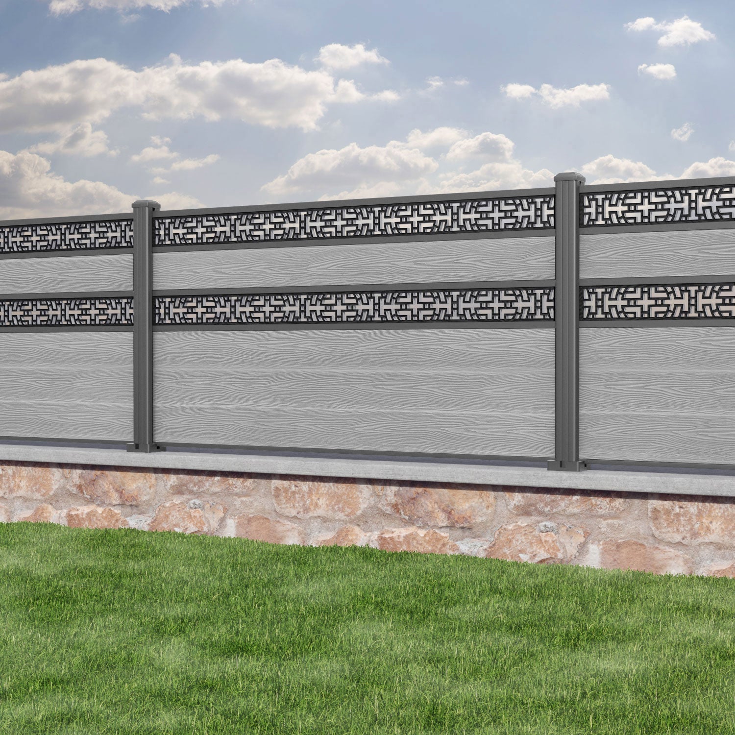 Classic Kumo Split Screen Fence Panel - Light Grey - with our aluminium posts