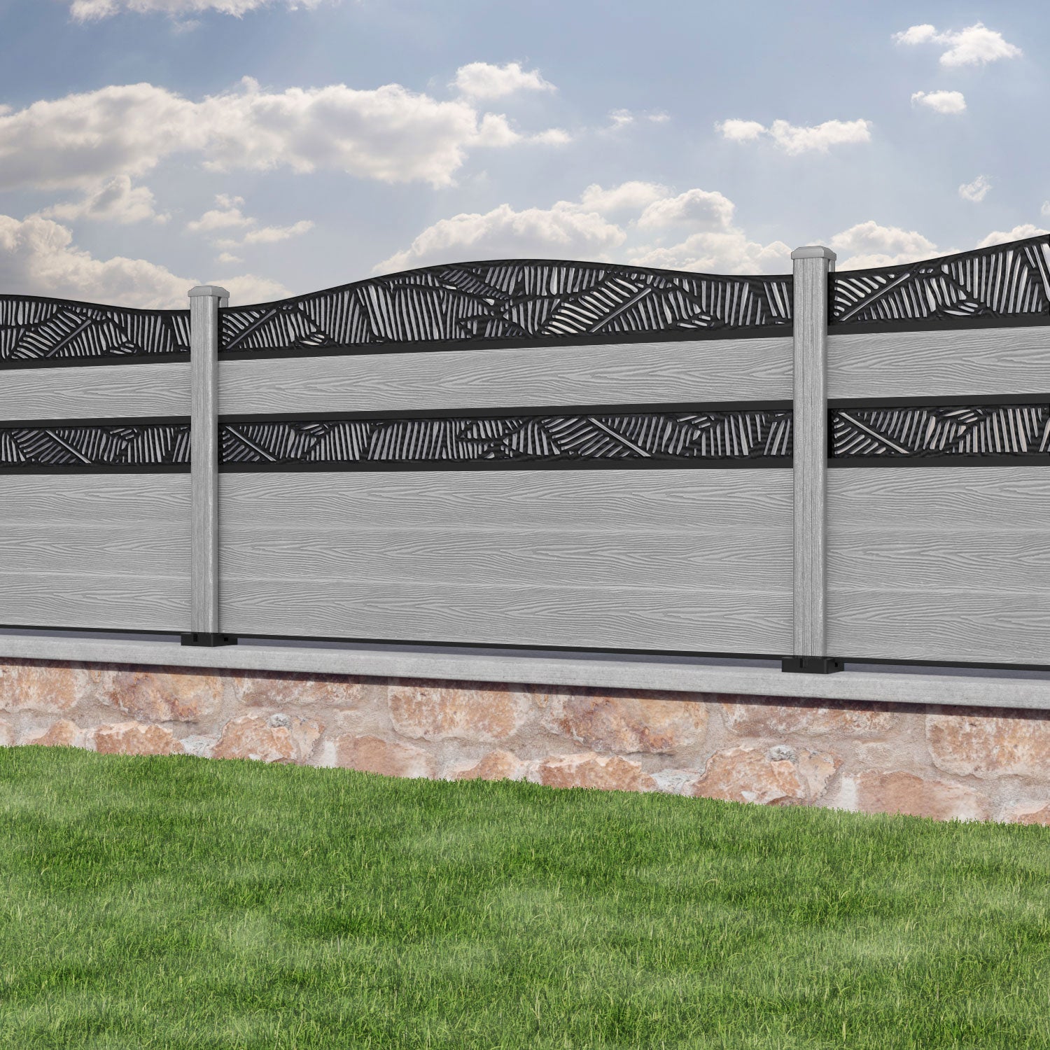 Classic Feather Curved Top Split Screen Fence Panel - Light Grey - with our composite posts