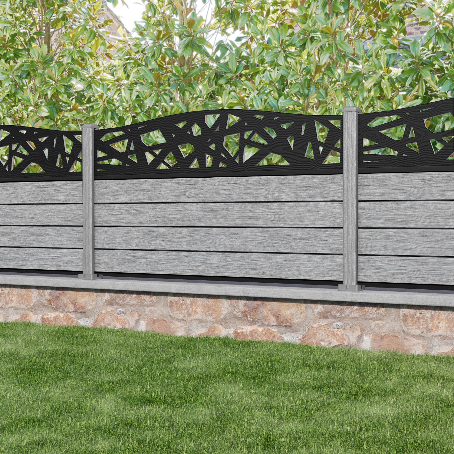 Fusion Prism Curved Top Fence Panel - Light Grey - with our composite posts