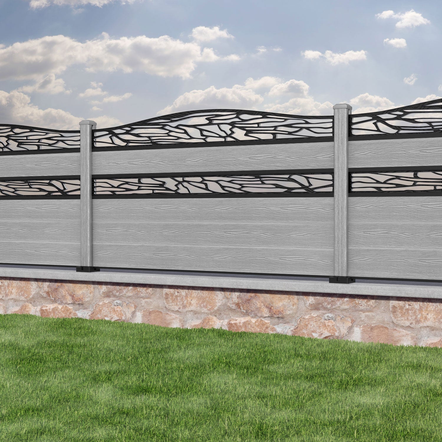 Classic Shatter Curved Top Split Screen Fence Panel - Light Grey - with our composite posts