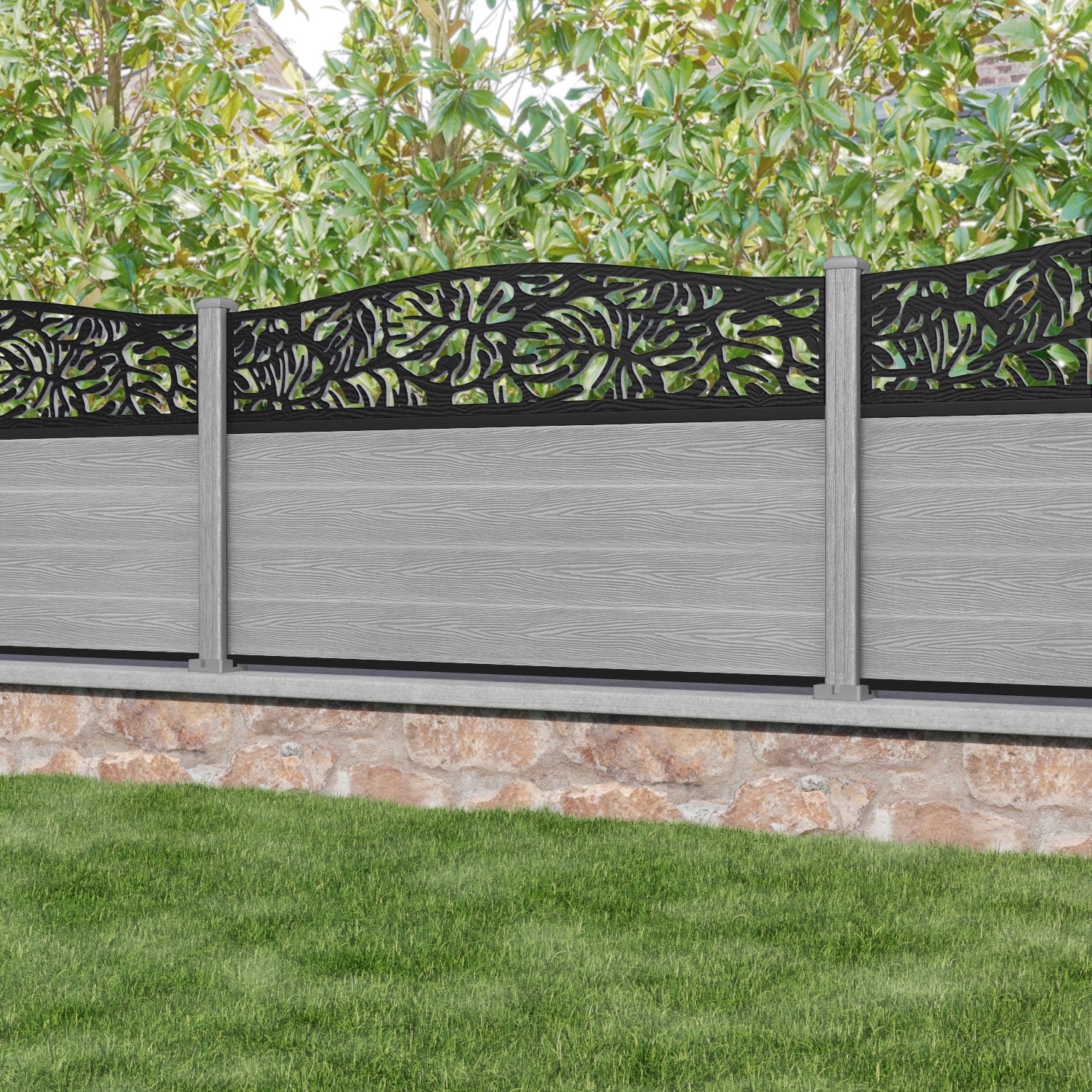 Classic Botanic Curved Top Fence Panel - Light Grey - with our composite posts