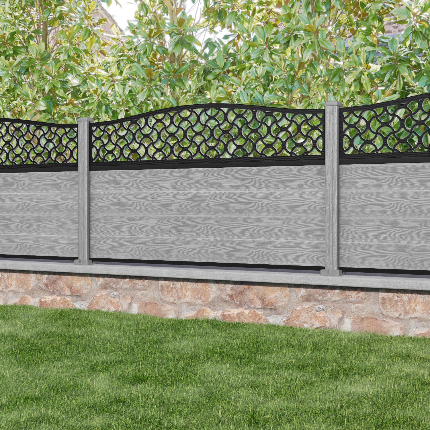 Classic Vida Curved Top Fence Panel - Light Grey - with our composite posts