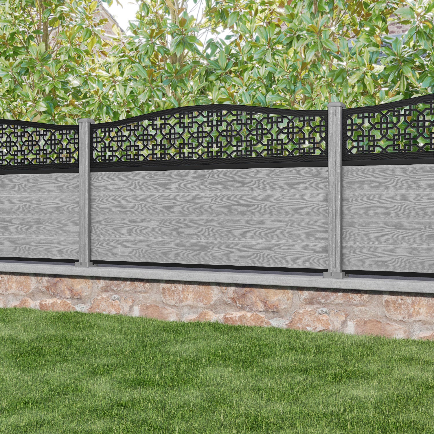 Classic Zaria Curved Top Fence Panel - Light Grey - with our composite posts