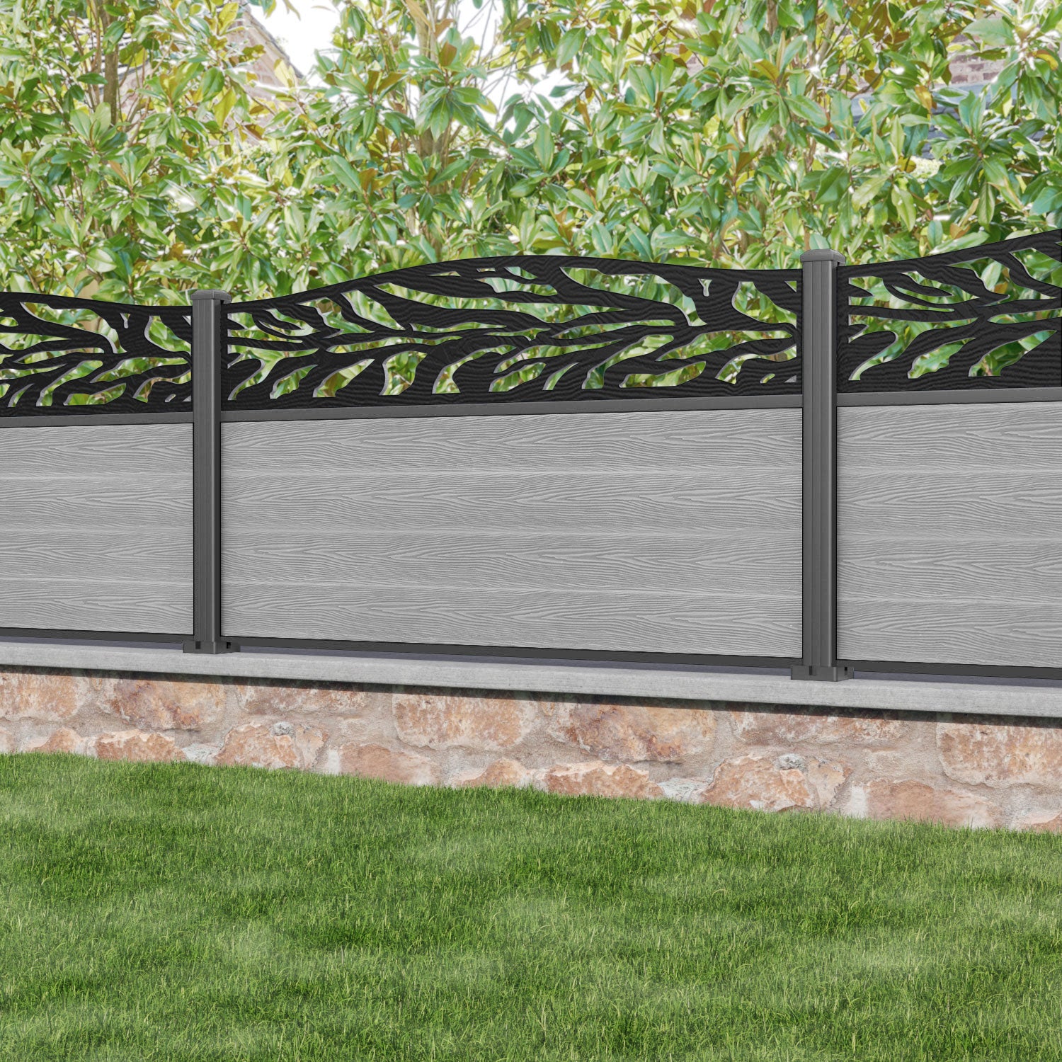 Classic Malawi Curved Top Fence Panel - Light Grey - with our aluminium posts