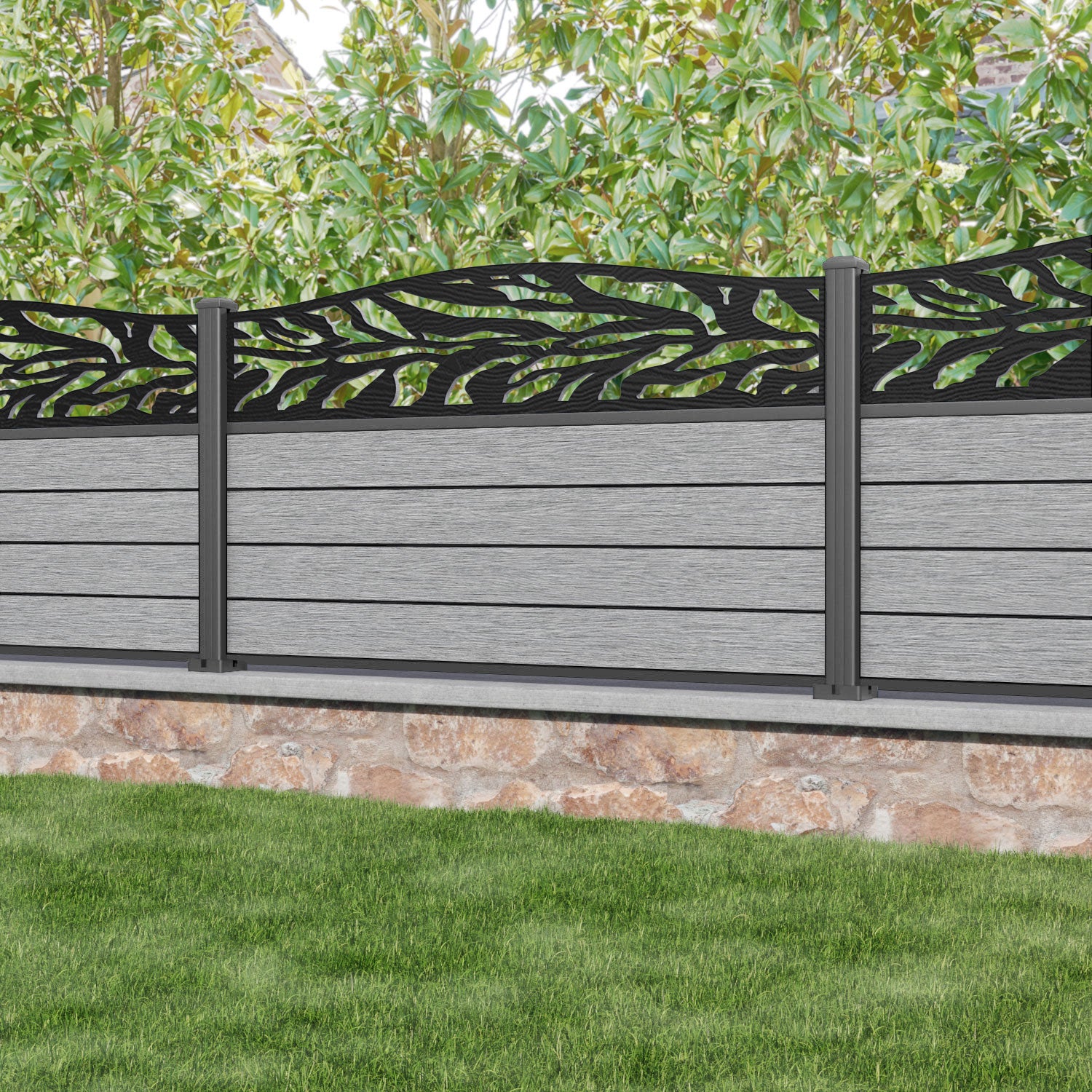 Fusion Malawi Curved Top Fence Panel - Light Grey - with our aluminium posts