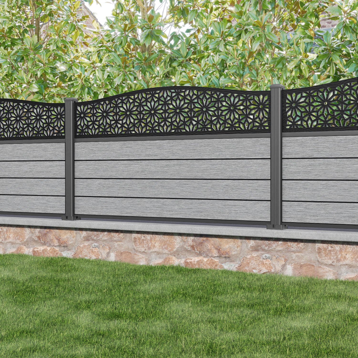 Fusion Narwa Curved Top Fence Panel - Light Grey - with our aluminium posts