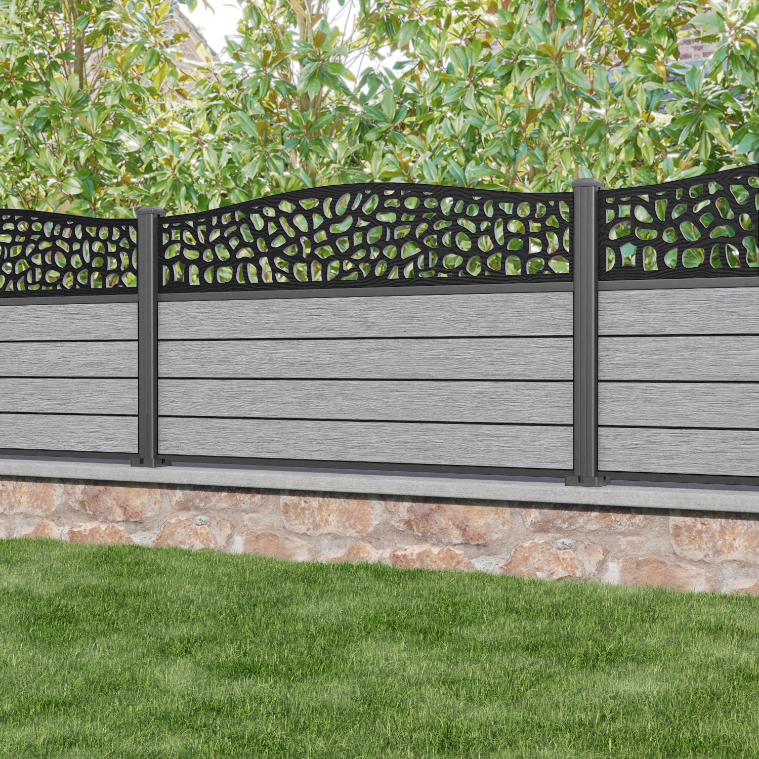 Fusion Pebble Curved Top Fence Panel - Light Grey - with our aluminium posts
