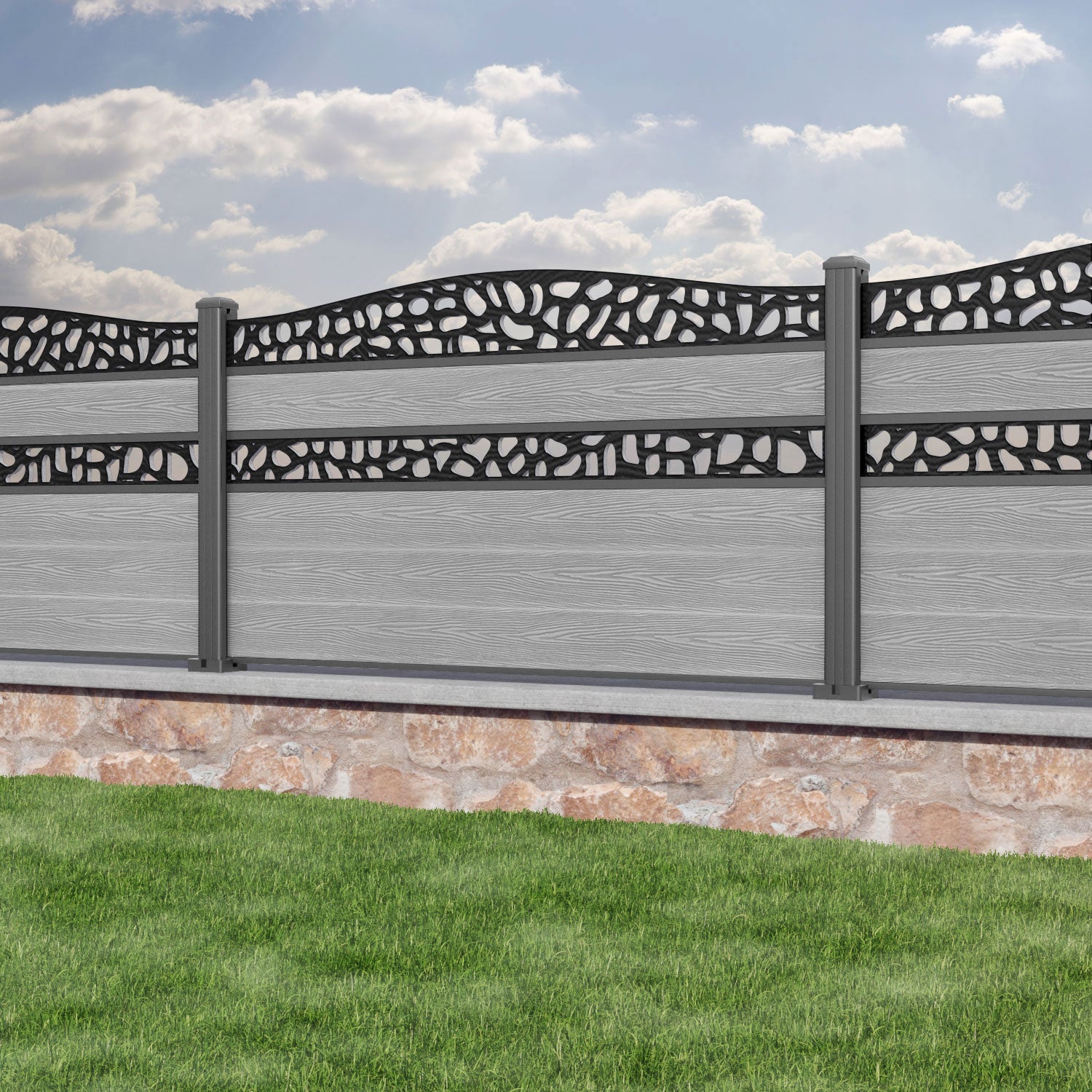 Classic Pebble Curved Top Split Screen Fence Panel - Light Grey - with our aluminium posts