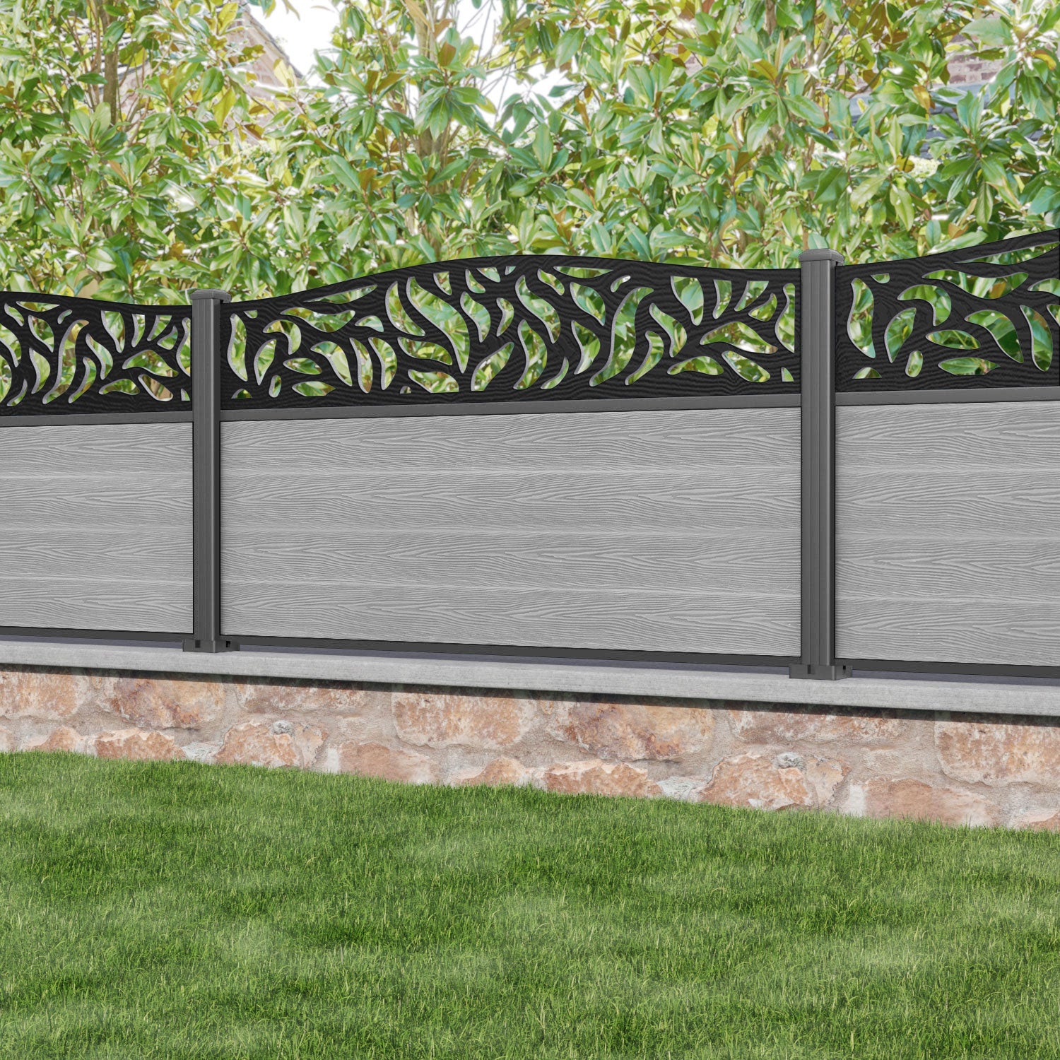 Classic Plume Curved Top Fence Panel - Light Grey - with our aluminium posts