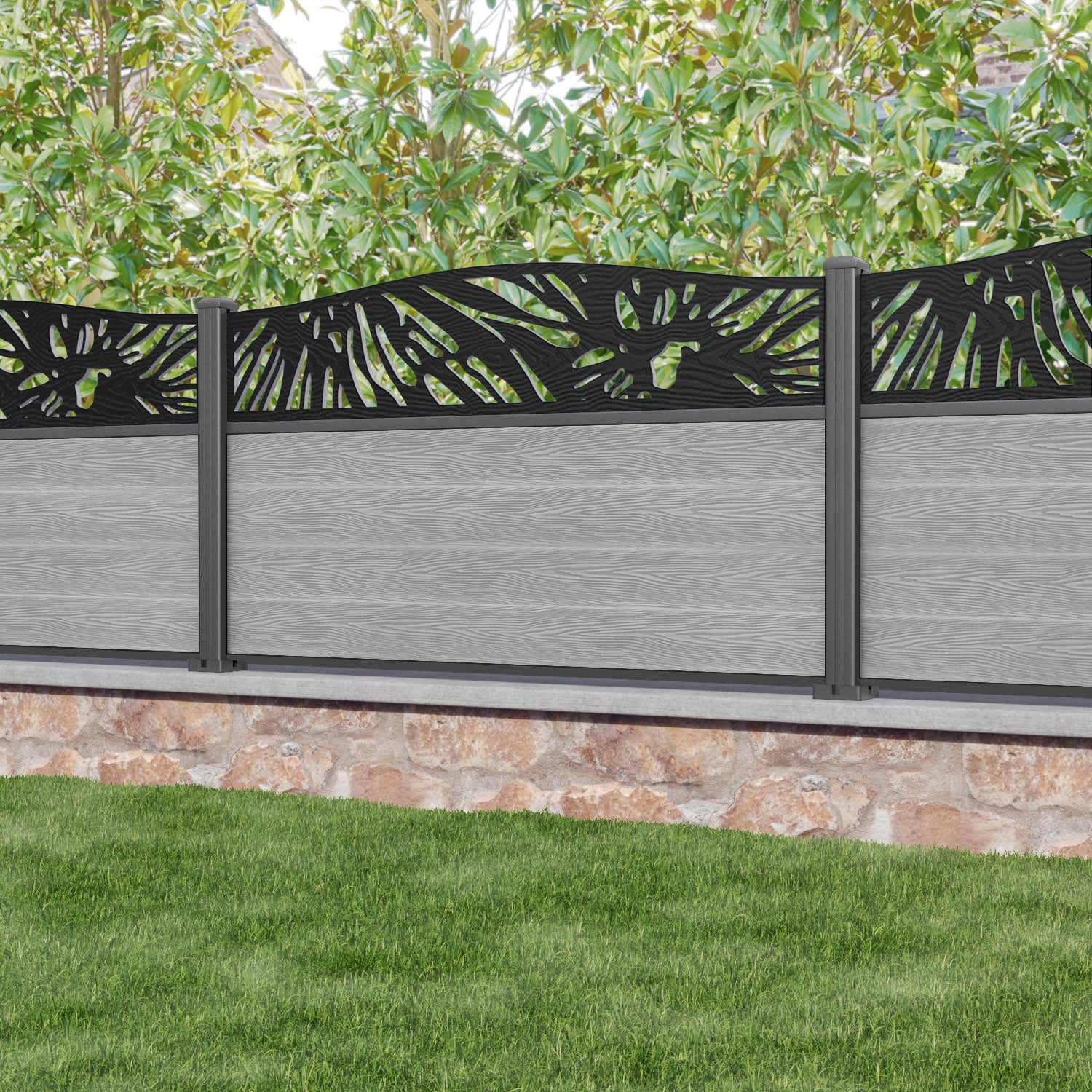 Classic Poppy Curved Top Fence Panel - Light Grey - with our aluminium posts