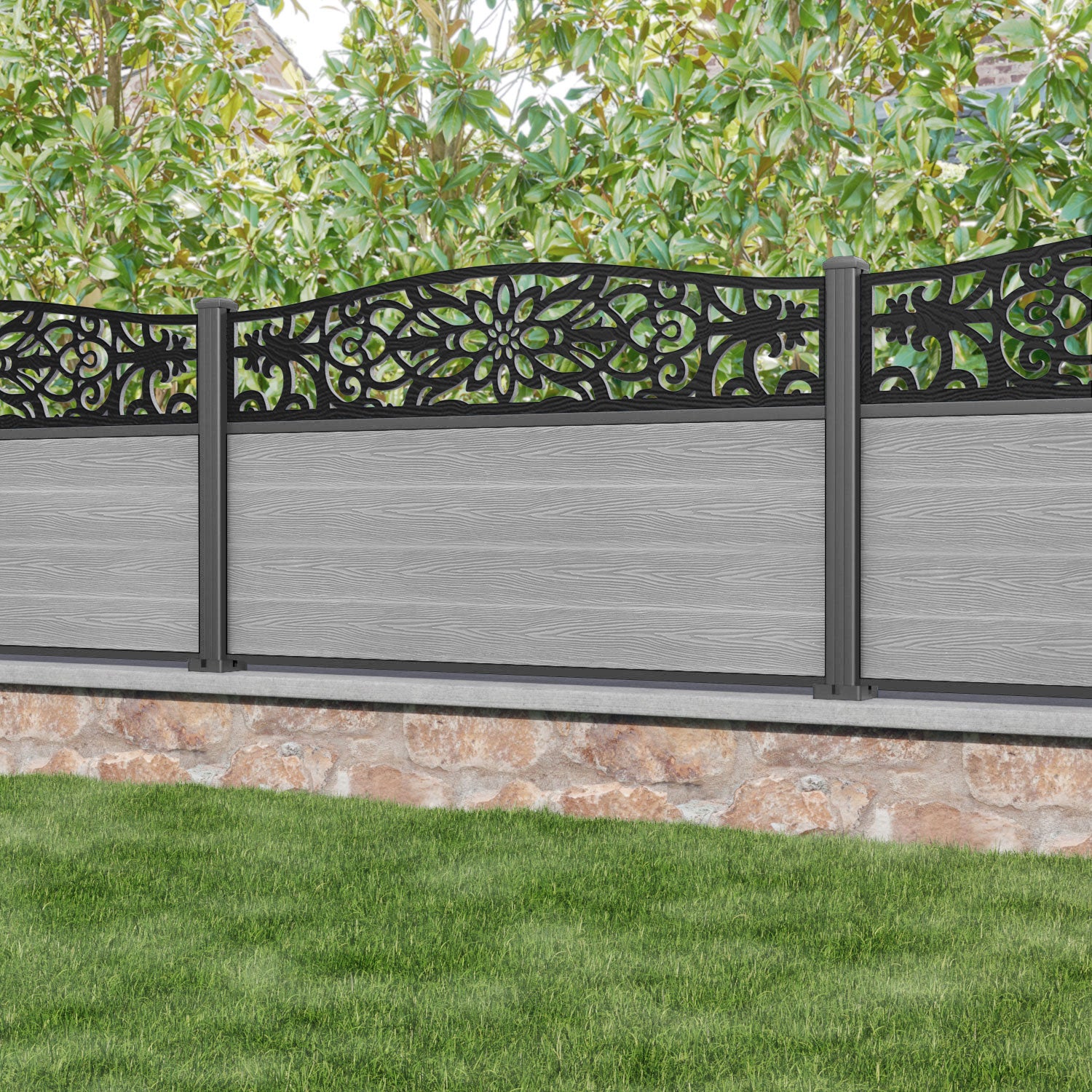 Classic Windsor Curved Top Fence Panel - Light Grey - with our aluminium posts