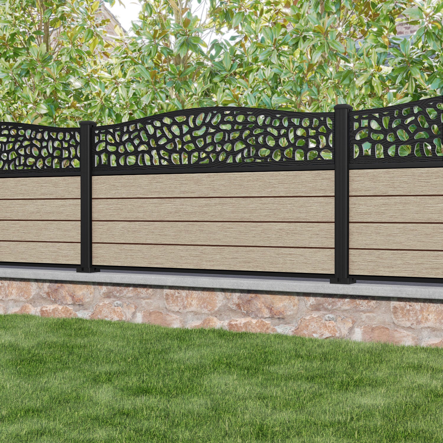Fusion Pebble Curved Top Fence Panel - Light Oak - with our aluminium posts