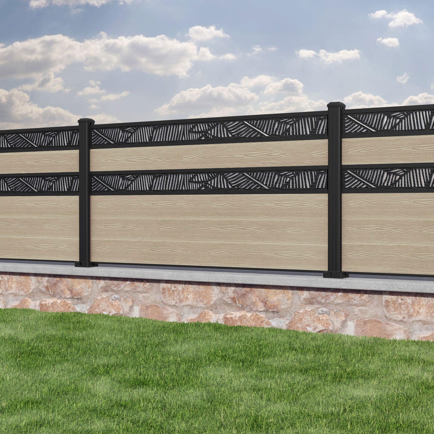 Classic Feather Split Screen Fence Panel - Light Oak - with our aluminium posts