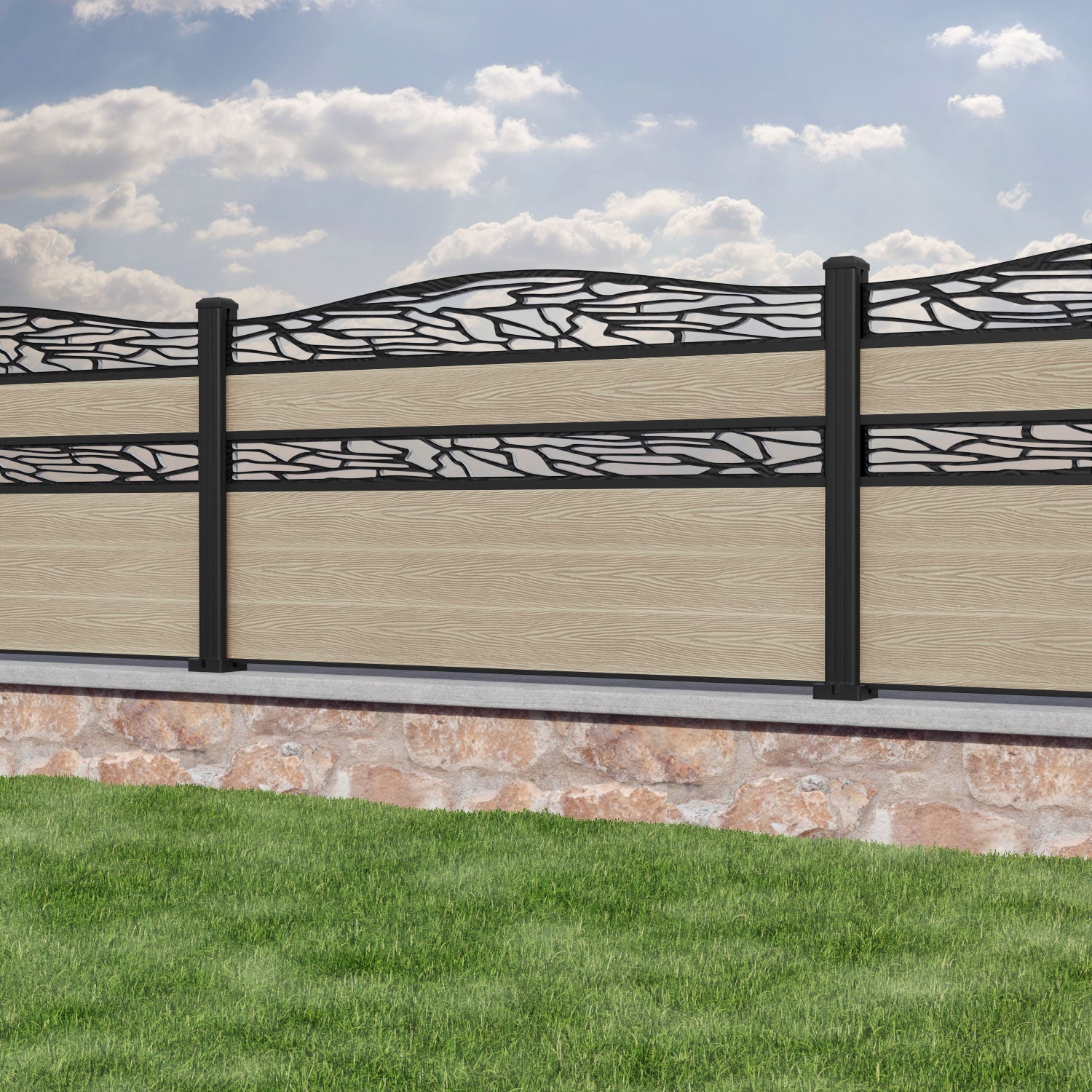 Classic Shatter Curved Top Split Screen Fence Panel - Light Oak - with our aluminium posts