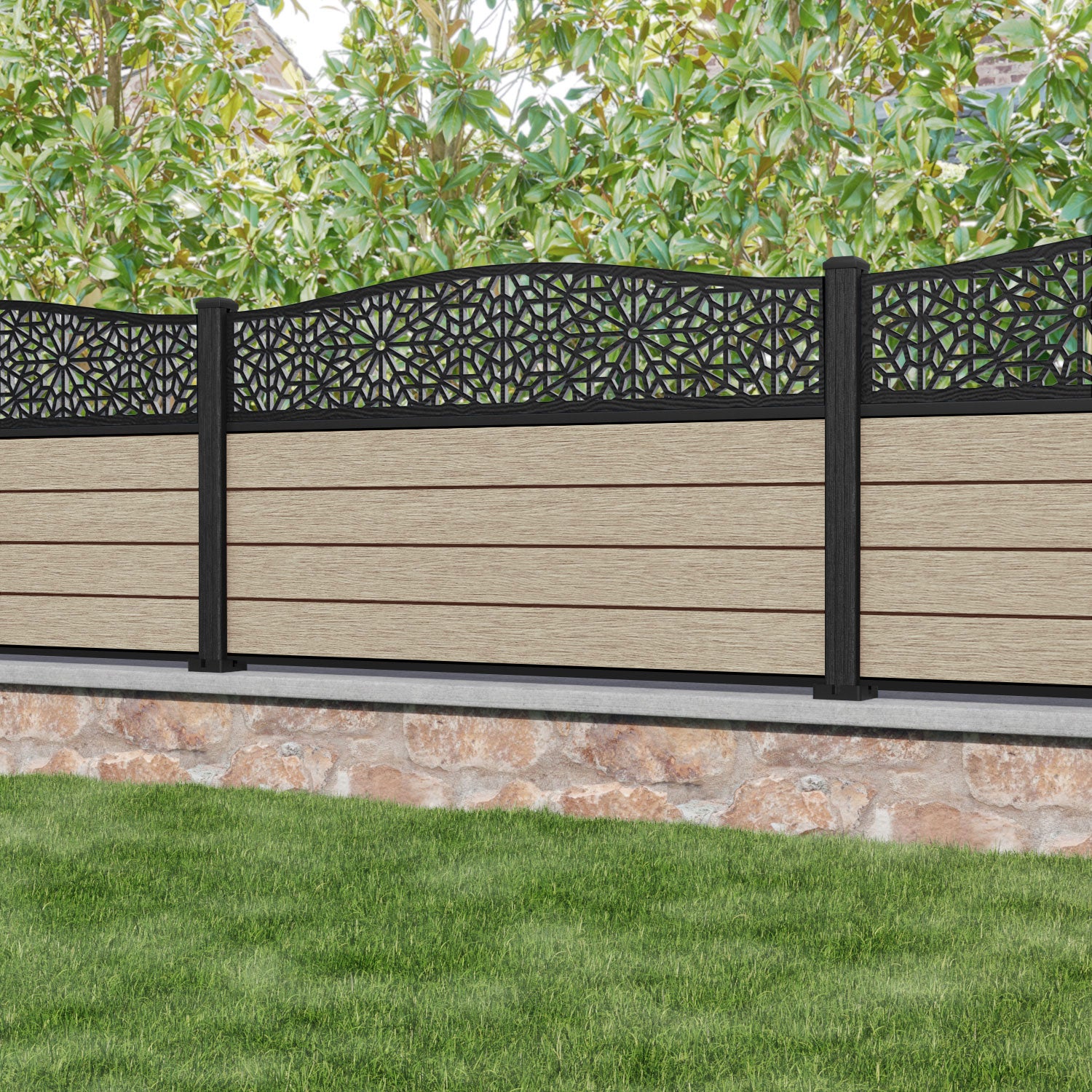 Fusion Alnara Curved Top Fence Panel - Light Oak - with our composite posts