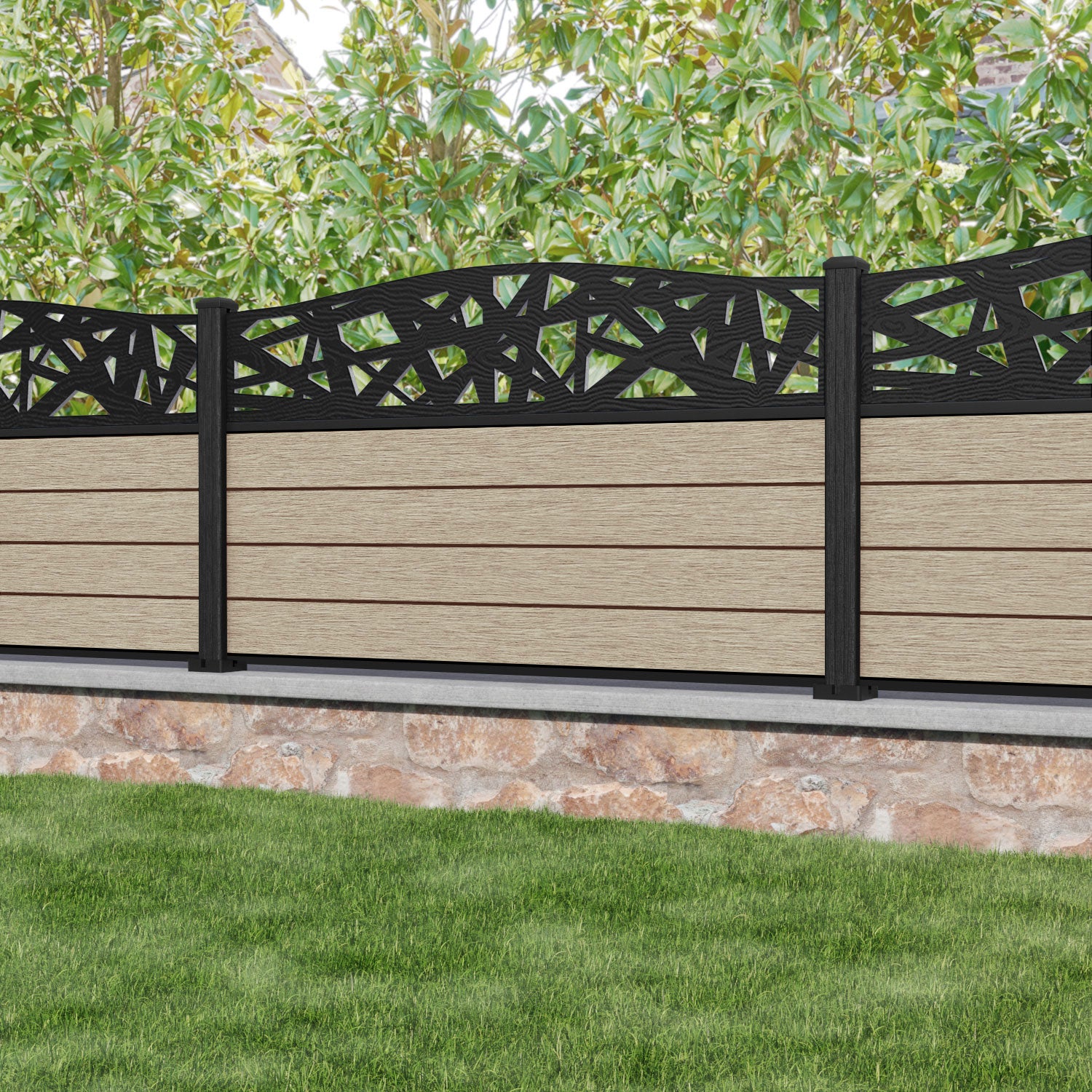 Fusion Prism Curved Top Fence Panel - Light Oak - with our composite posts