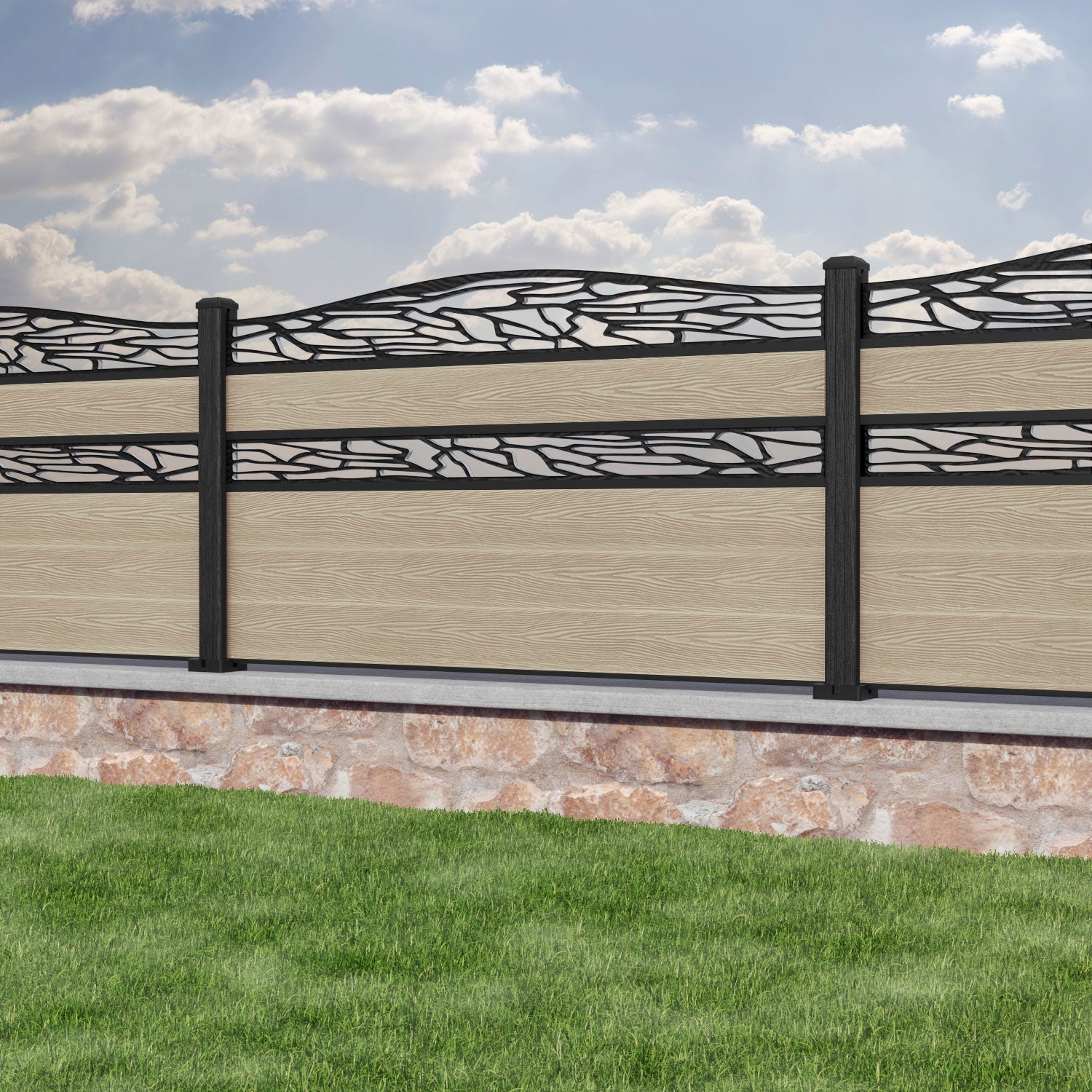 Classic Shatter Curved Top Split Screen Fence Panel - Light Oak - with our composite posts