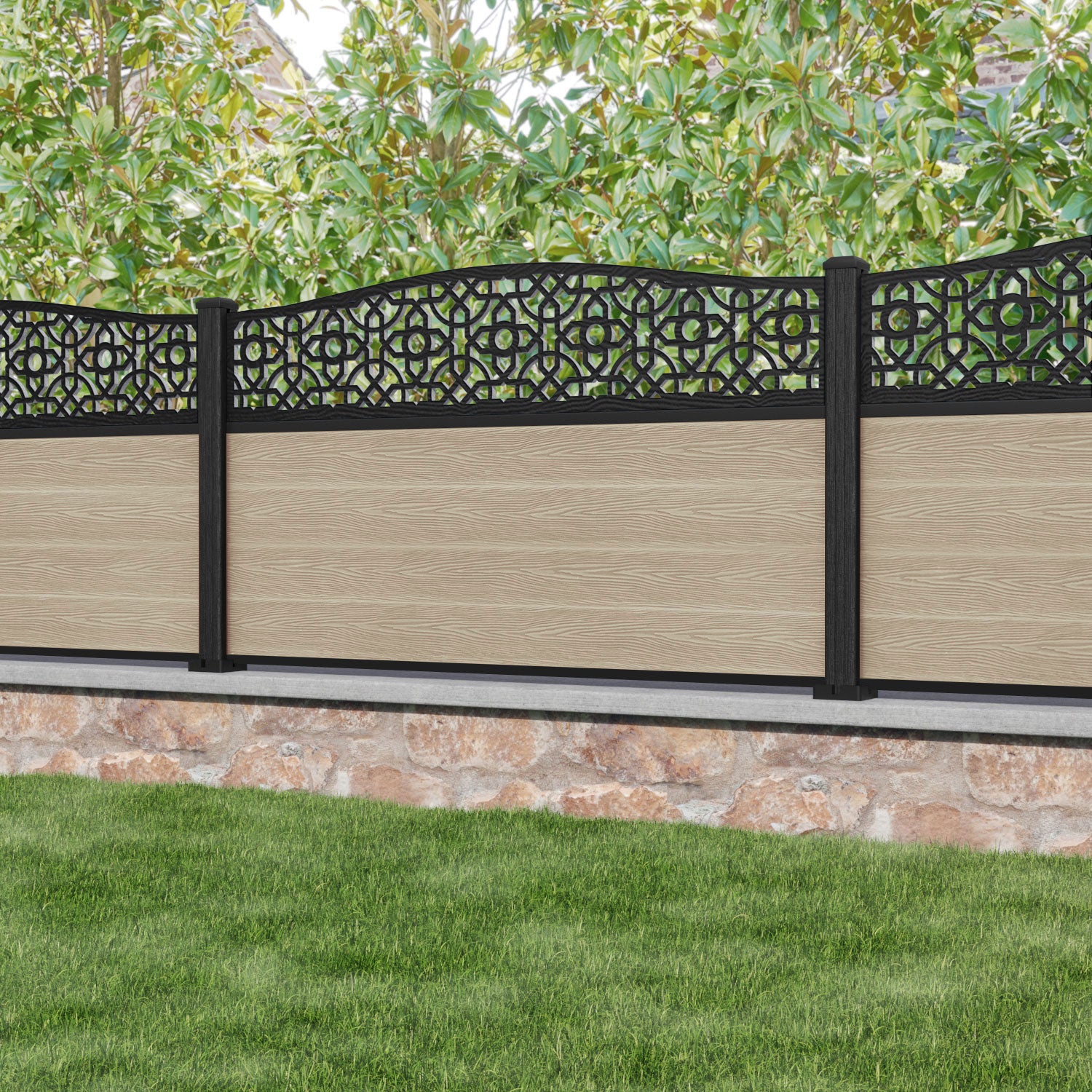 Classic Nabila Curved Top Fence Panel - Light Oak - with our composite posts