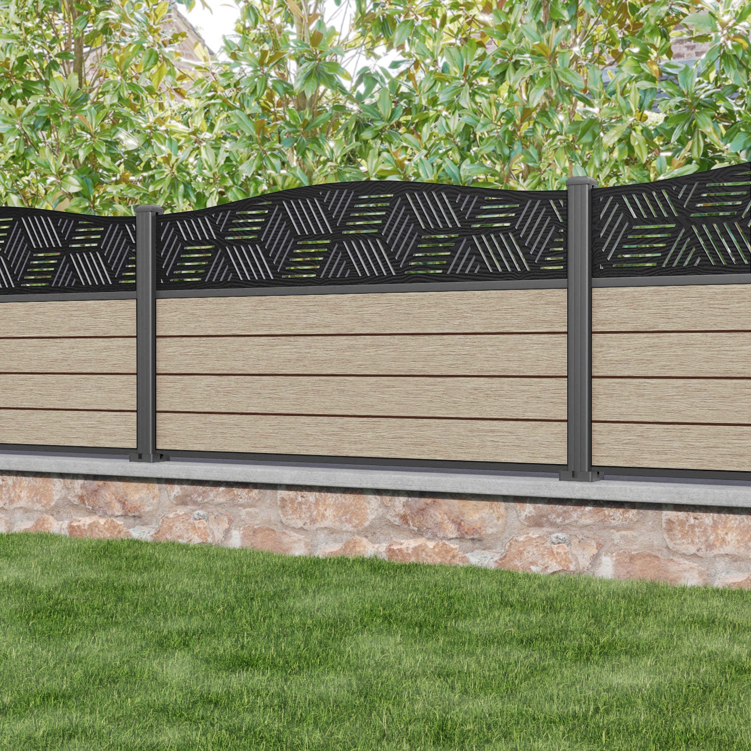 Fusion Cubed Curved Top Fence Panel - Light Oak - with our aluminium posts