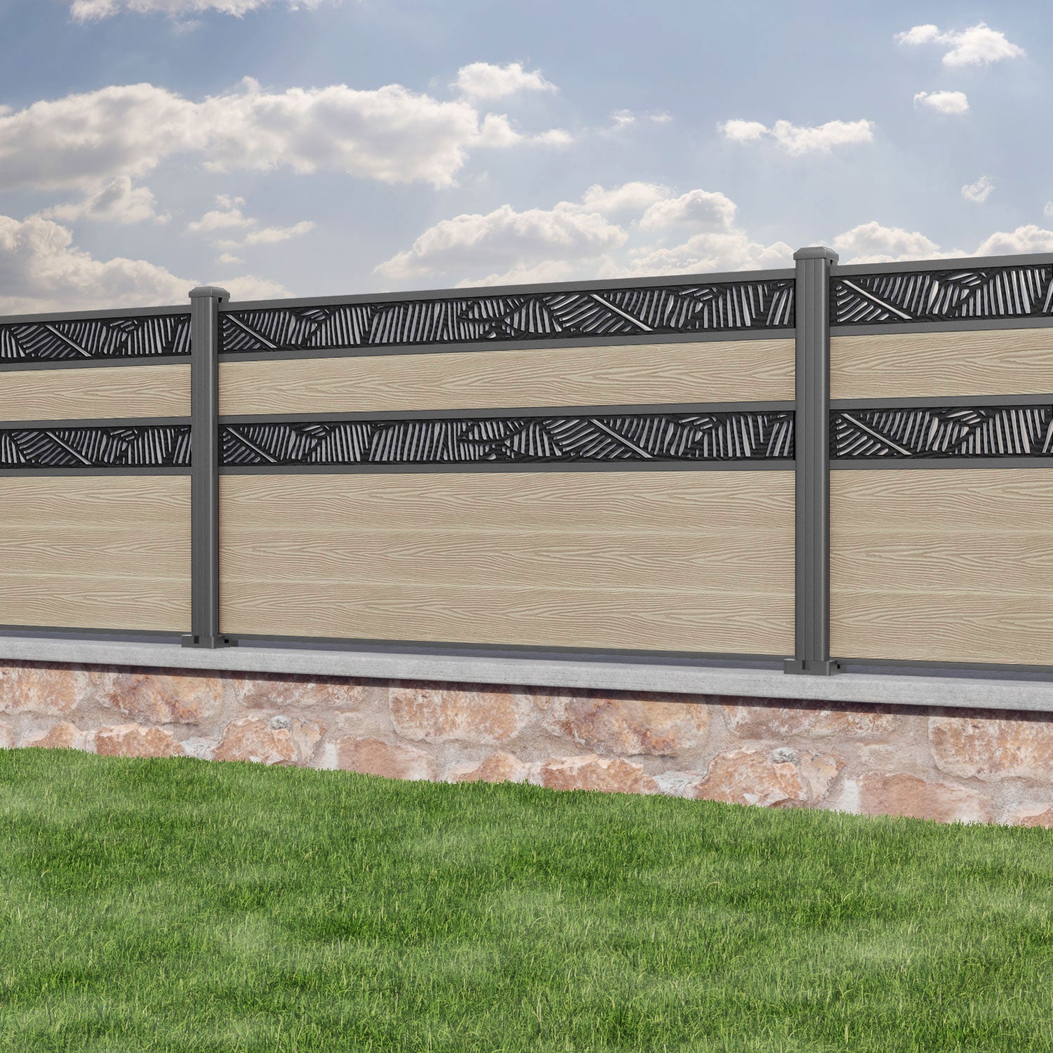 Classic Feather Split Screen Fence Panel - Light Oak - with our aluminium posts