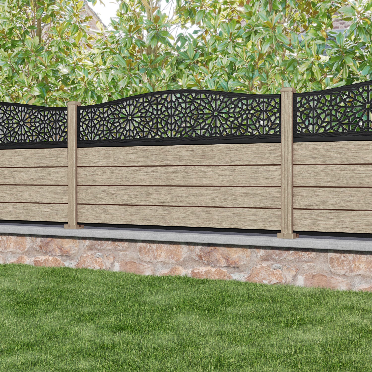 Fusion Alnara Curved Top Fence Panel - Light Oak - with our composite posts