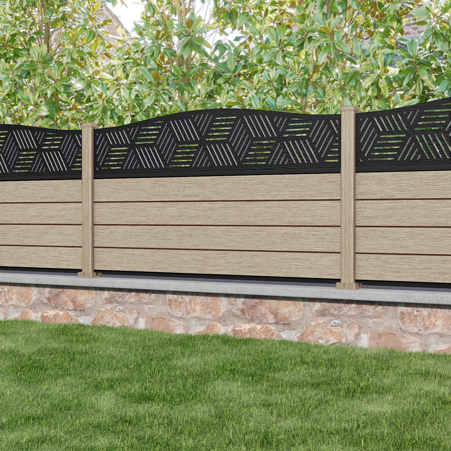 Fusion Cubed Curved Top Fence Panel - Light Oak - with our composite posts