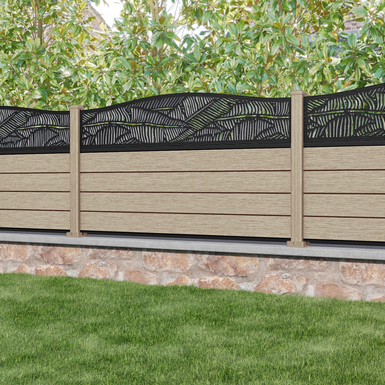 Fusion Feather Curved Top Fence Panel - Light Oak - with our composite posts