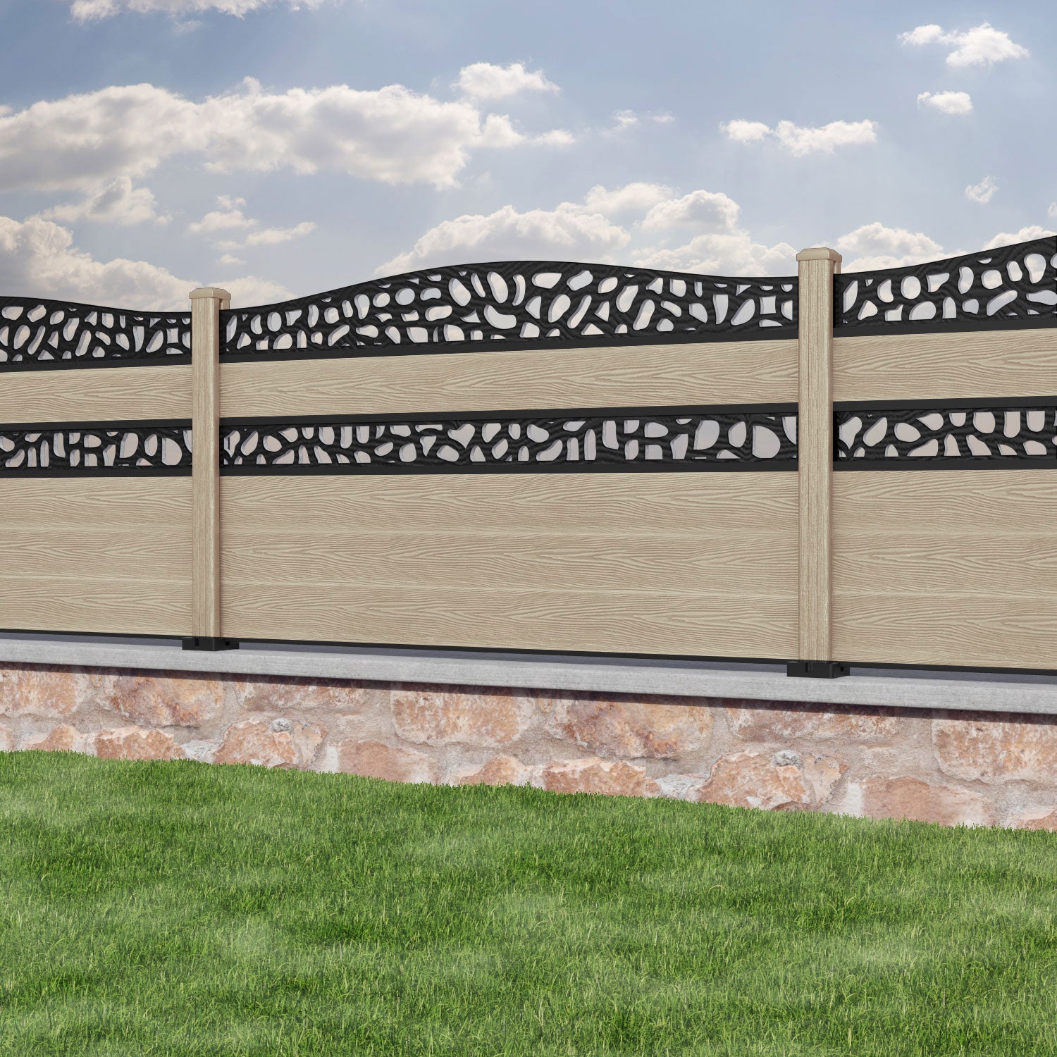 Classic Pebble Curved Top Split Screen Fence Panel - Light Oak - with our composite posts