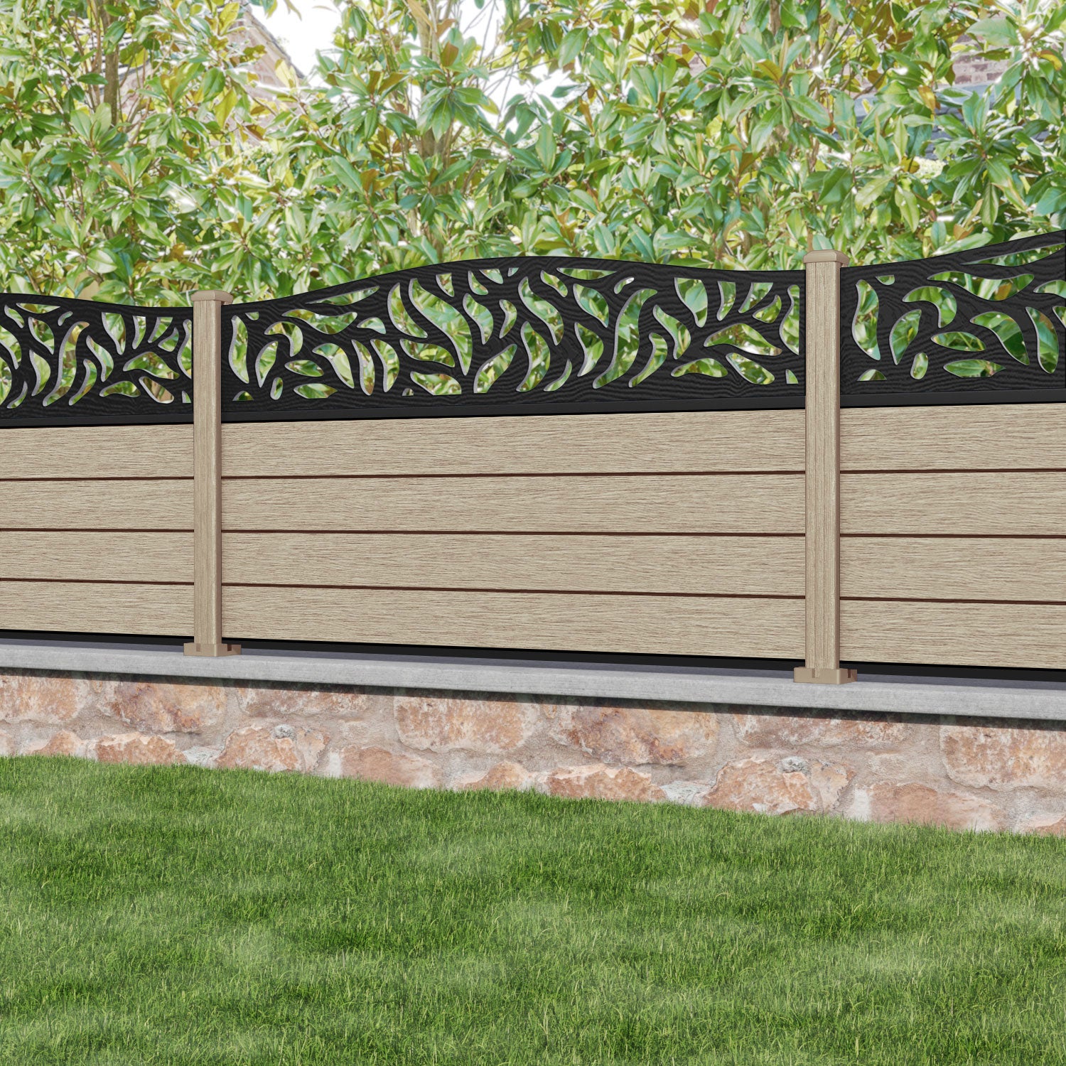 Fusion Plume Curved Top Fence Panel - Light Oak - with our composite posts