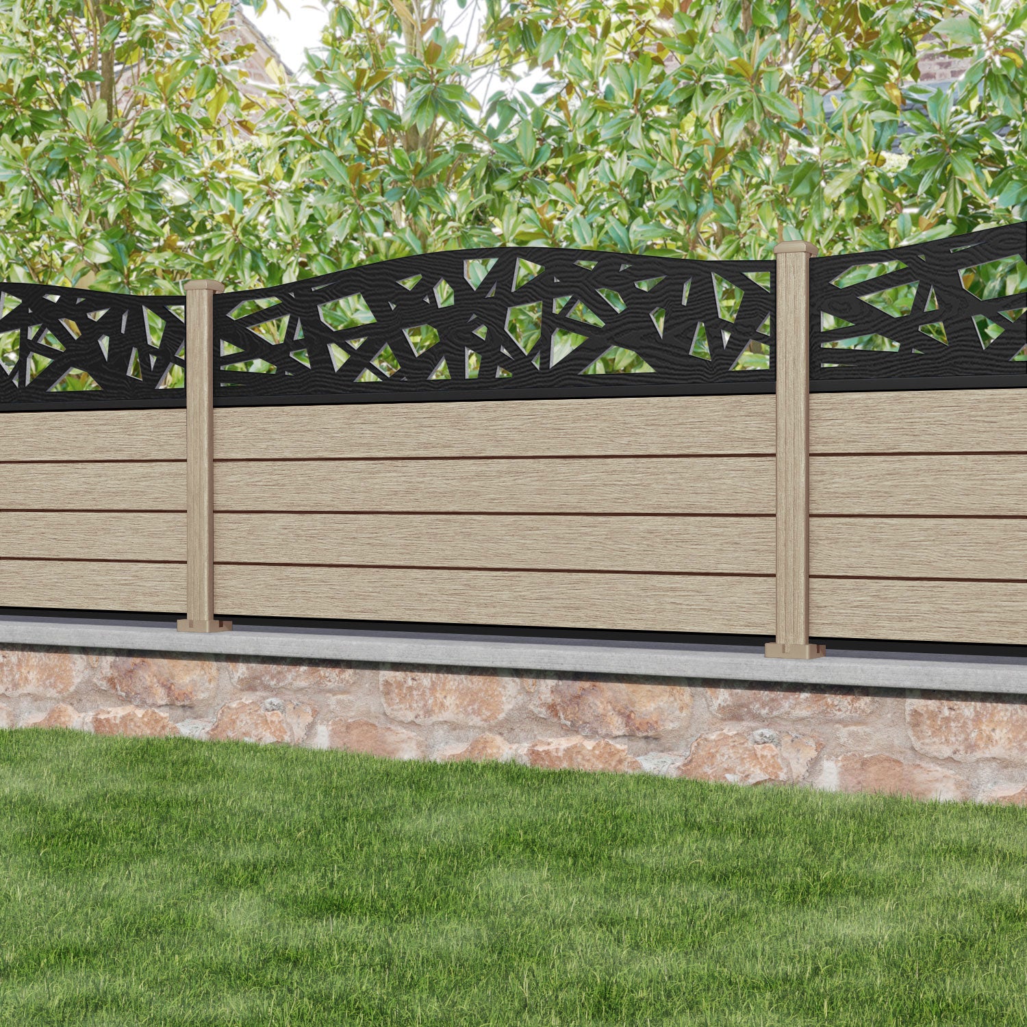 Fusion Prism Curved Top Fence Panel - Light Oak - with our composite posts