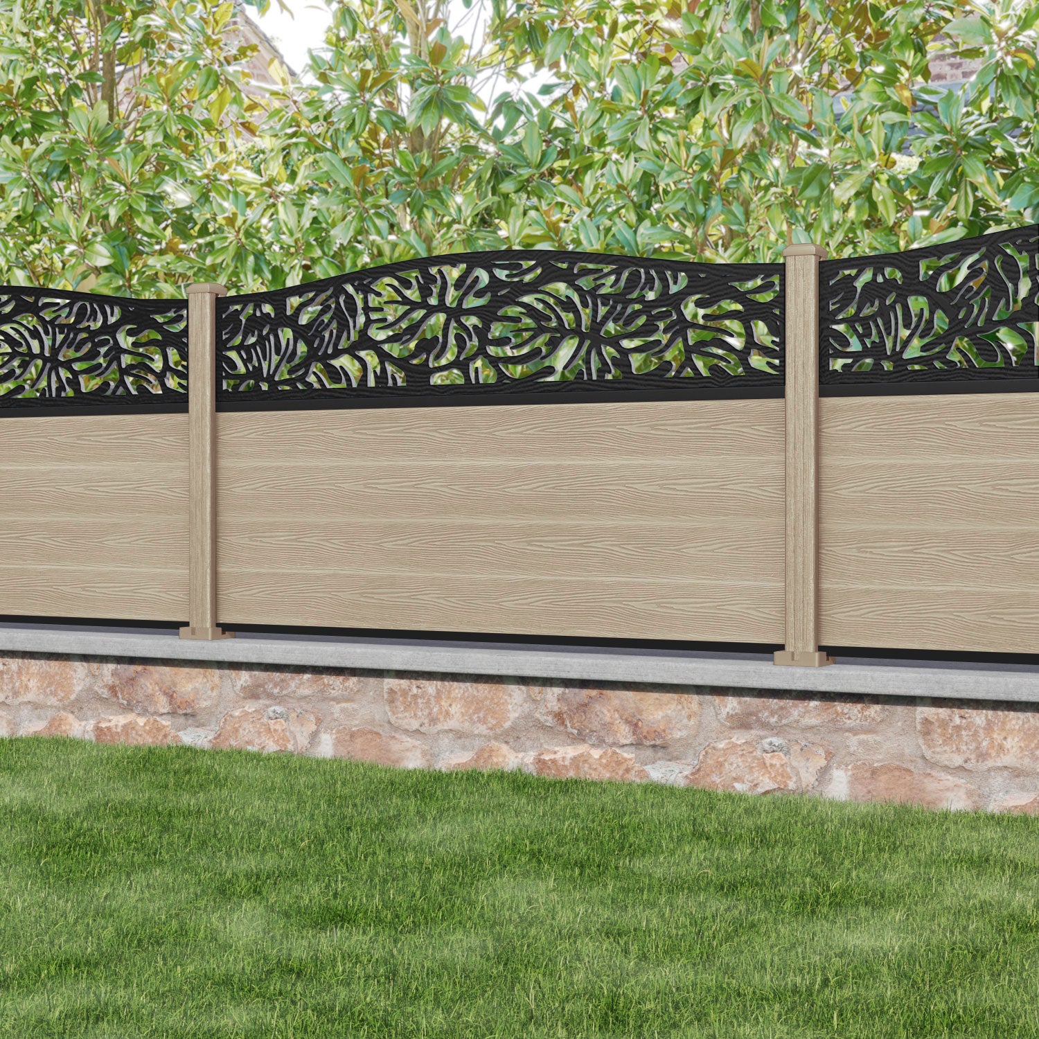 Classic Botanic Curved Top Fence Panel - Light Oak - with our composite posts