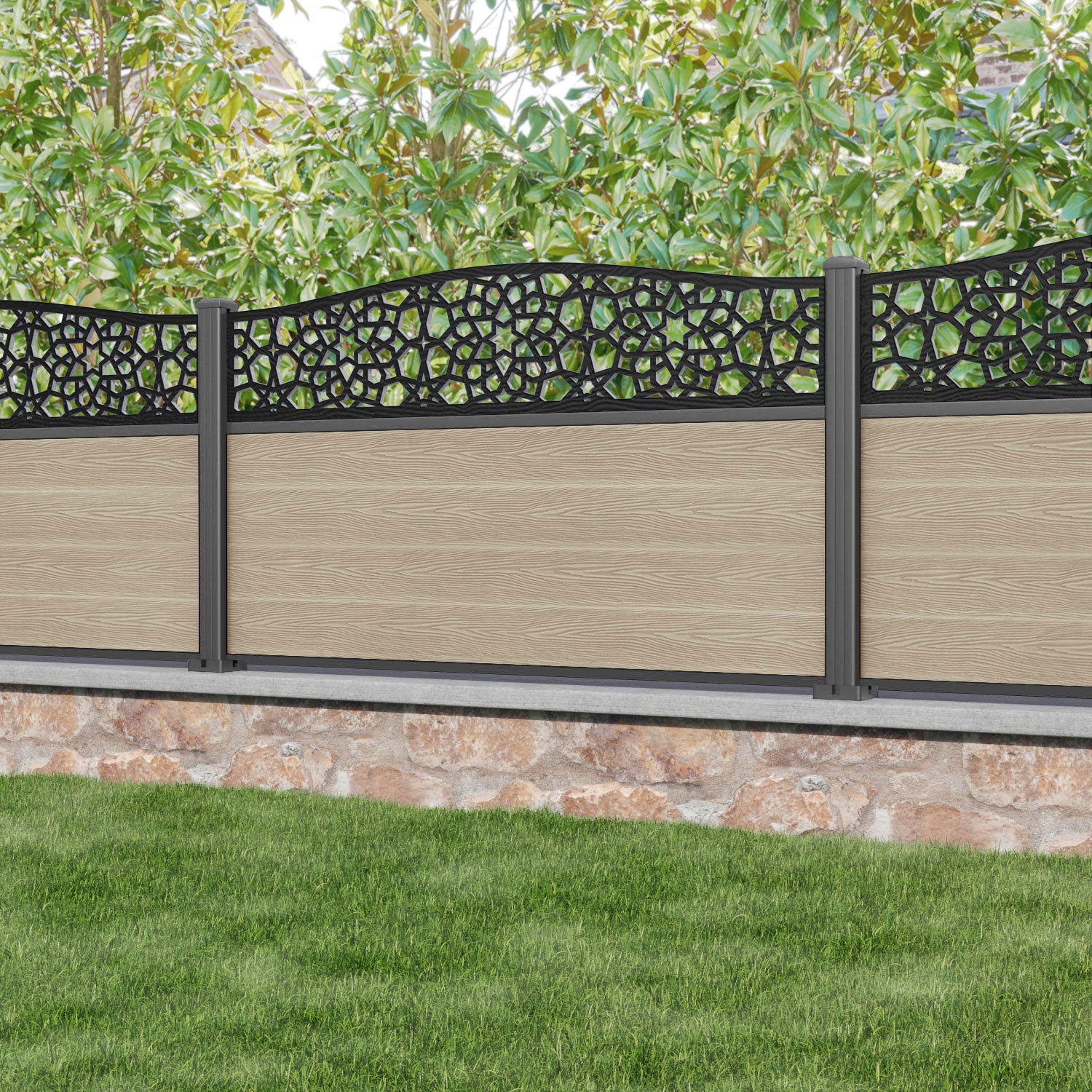 Classic Nazira Curved Top Fence Panel - Light Oak - with our aluminium posts