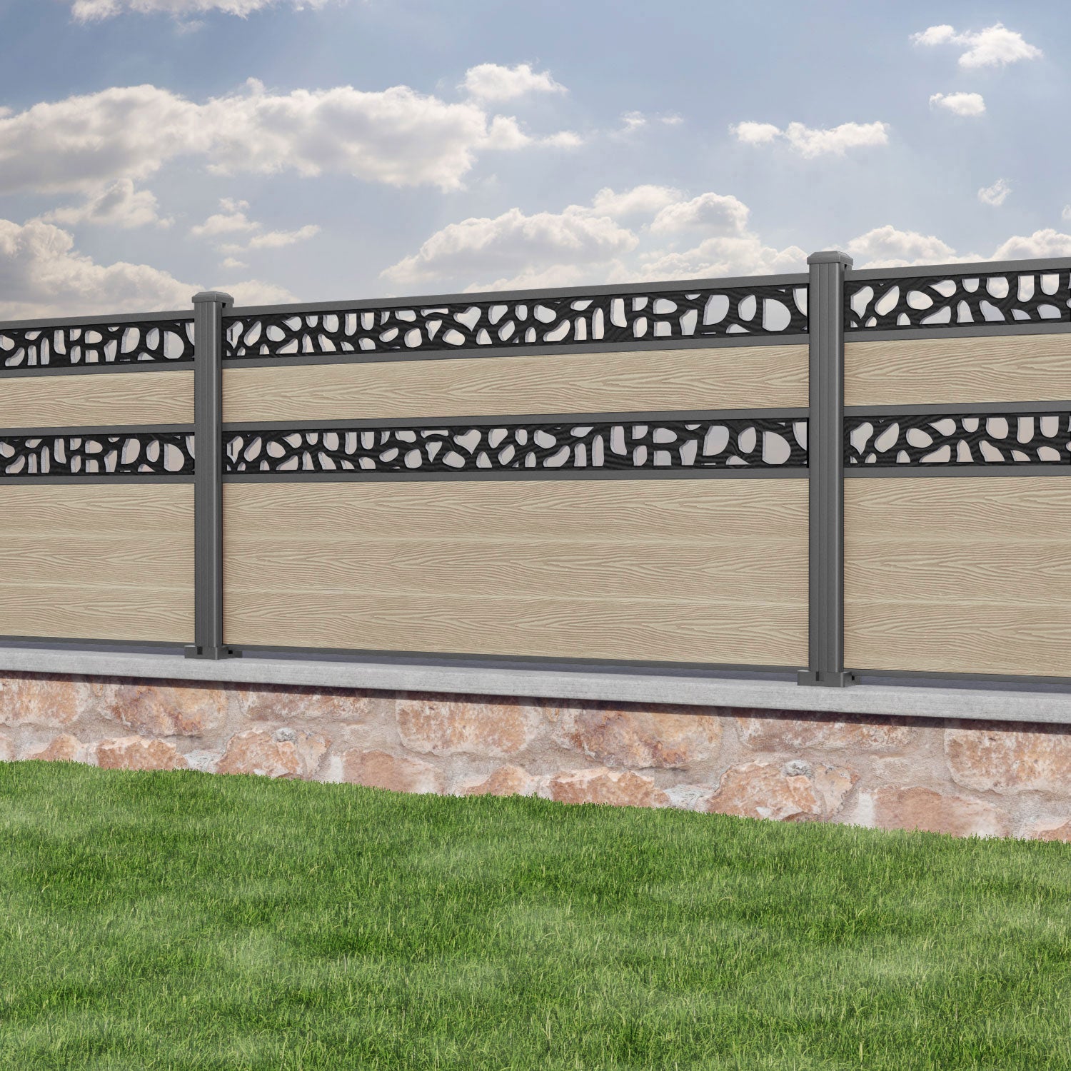 Classic Pebble Split Screen Fence Panel - Light Oak - with our aluminium posts