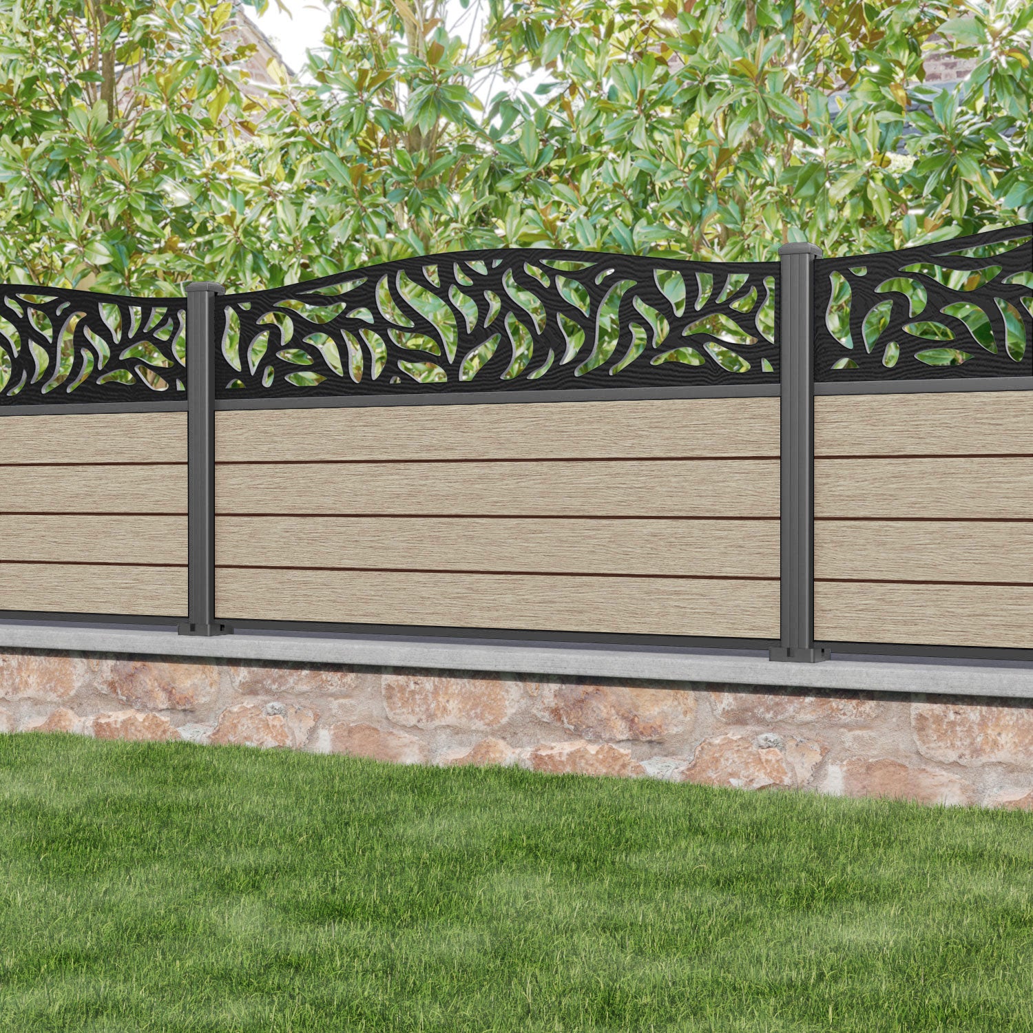 Fusion Plume Curved Top Fence Panel - Light Oak - with our aluminium posts
