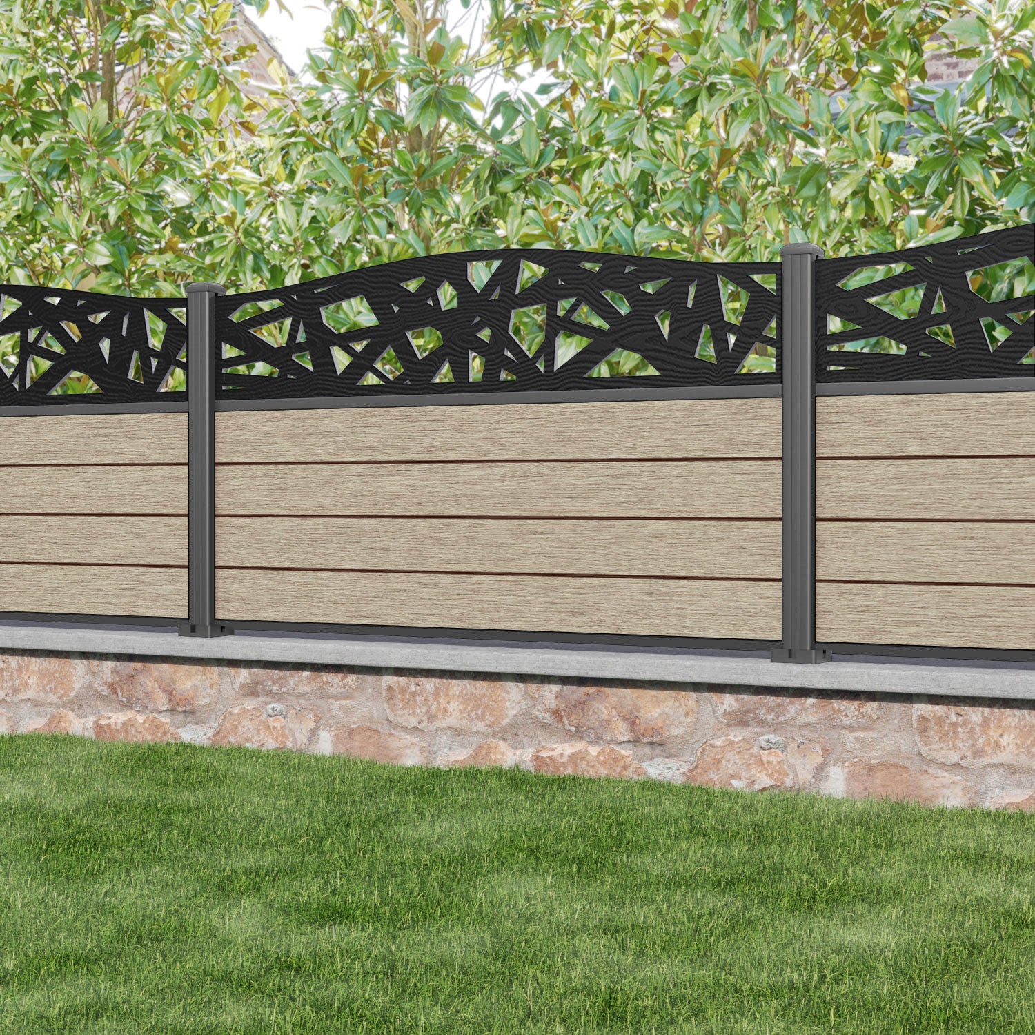 Fusion Prism Curved Top Fence Panel - Light Oak - with our aluminium posts