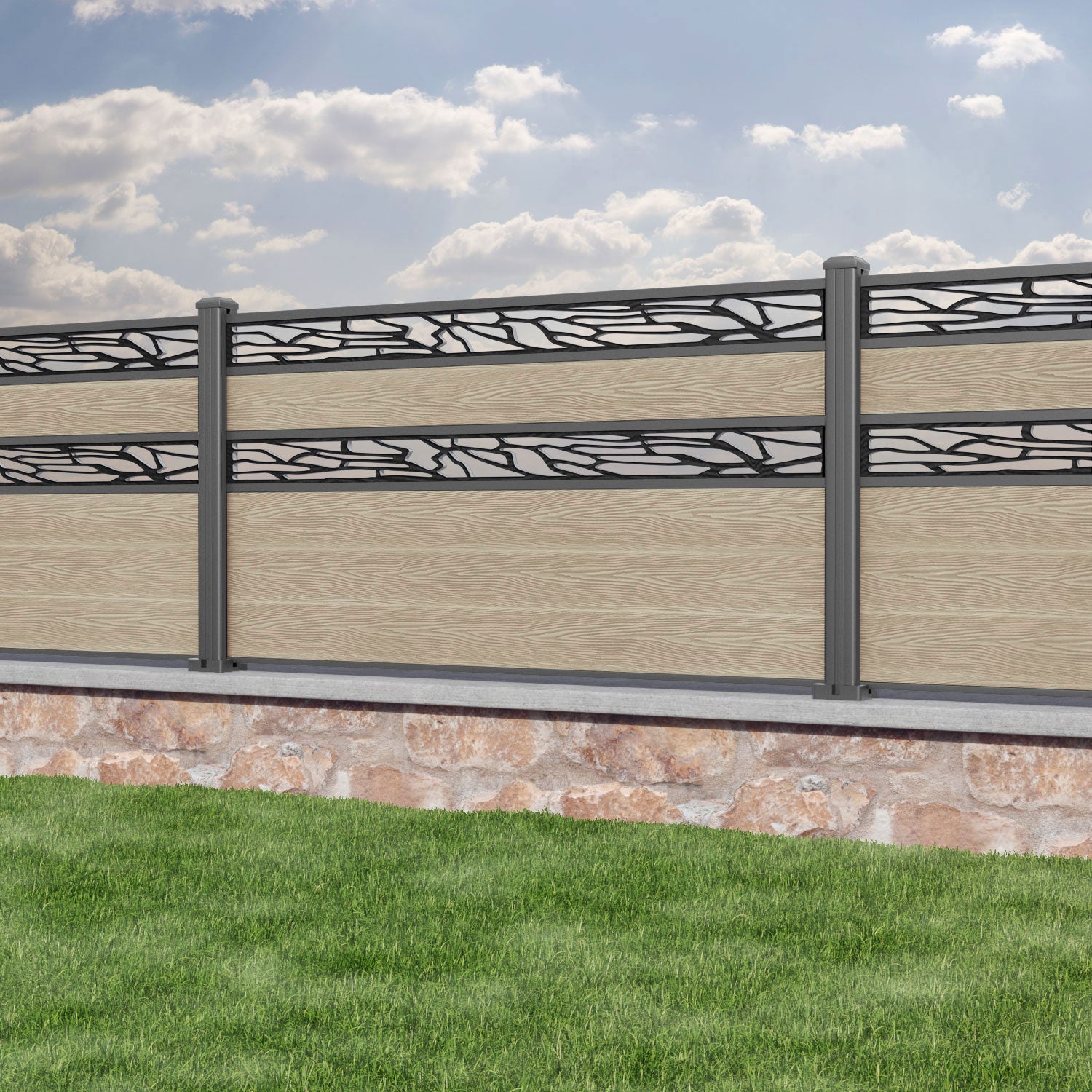 Classic Shatter Split Screen Fence Panel - Light Oak - with our aluminium posts